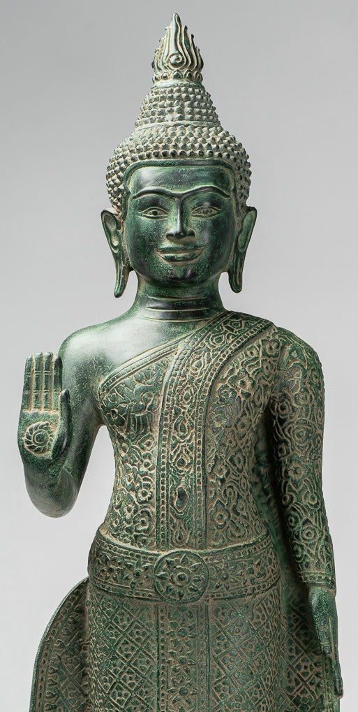 Buddha Statue - Antique Khmer Style Bronze Standing Abhaya Protection Buddha Statue - 65cm/26"