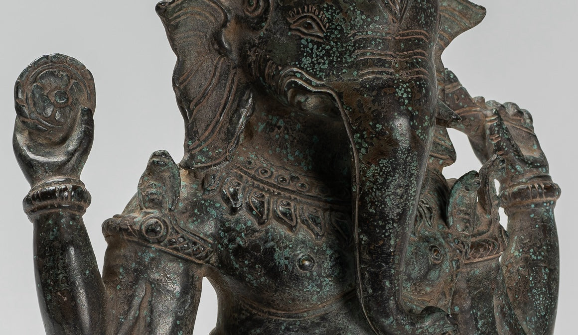 Ganesha Statue - Antique Khmer Style Baphuon Bronze Seated Four Arm Ganesh Statue - 33cm/13"