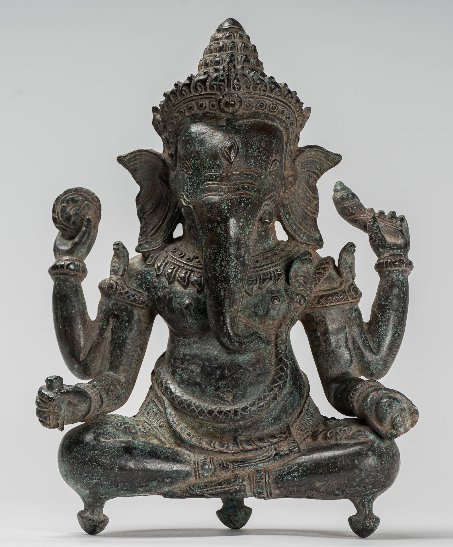 Ganesha Statue - Antique Khmer Style Baphuon Bronze Seated Four Arm Ganesh Statue - 33cm/13"