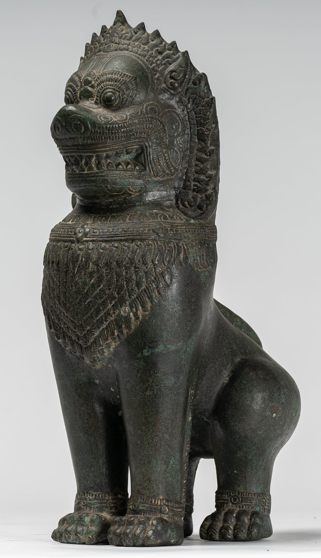 Temple Lion - Antique Khmer Style Bronze Standing Temple Guardian or Lion - 40cm/16"