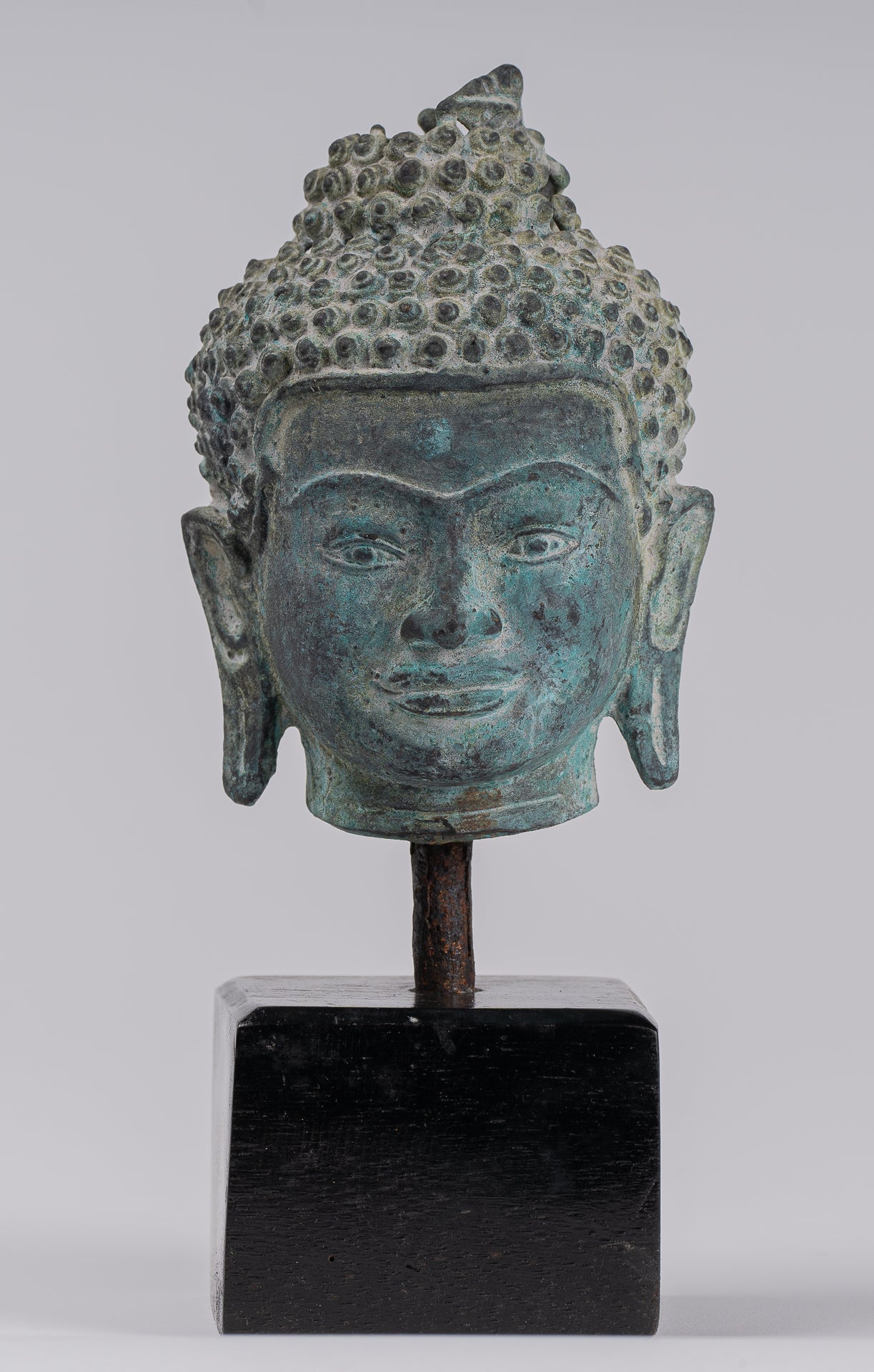 Buddha Statue - Antique Khmer Style Bronze Lotus Flower Buddha Head - 20cm/8"