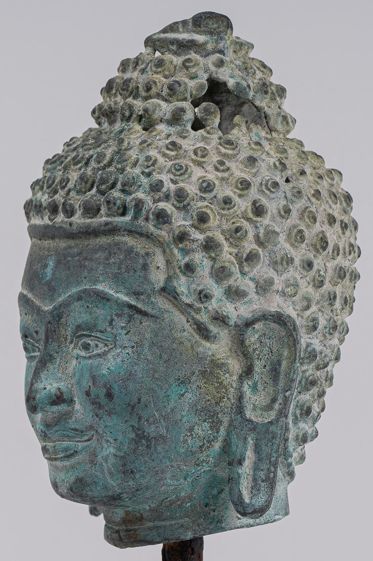 Buddha Statue - Antique Khmer Style Bronze Lotus Flower Buddha Head - 20cm/8"