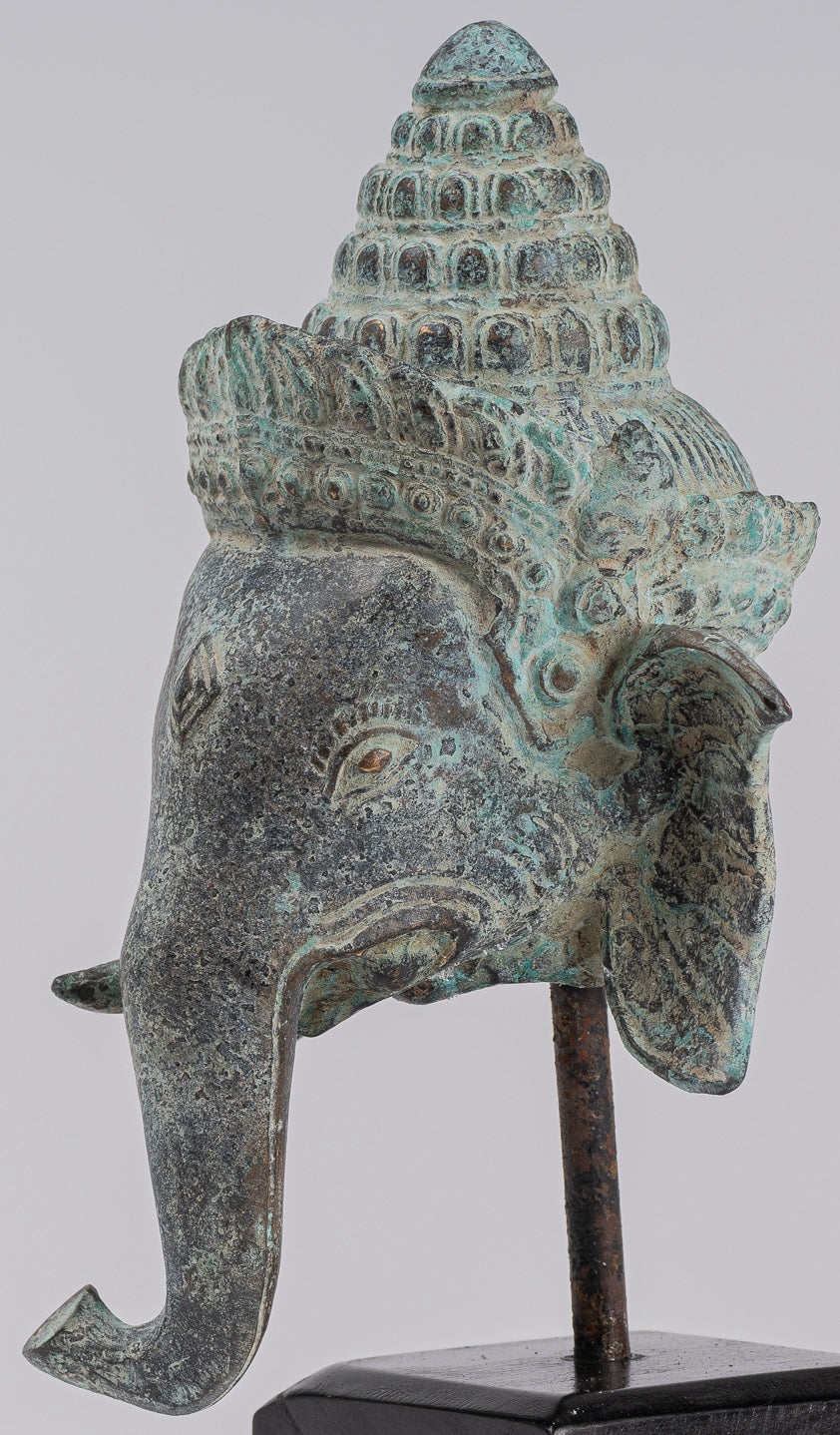 Elephant - Antique Khmer Style Mounted Bronze Bayon Style Elephant Statue - 25cm/10" Tall