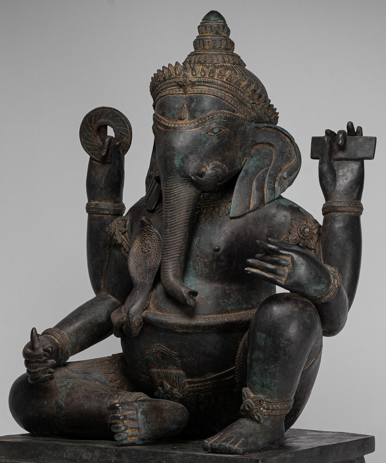Ganesha Statue - Antique Thai Style Bronze Seated 4-Arm Ganesha Statue - 85cm/34"