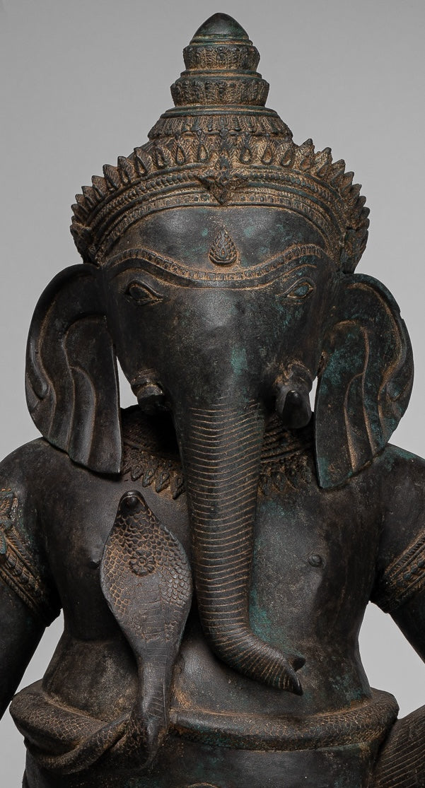 Ganesha Statue - Antique Thai Style Bronze Seated 4-Arm Ganesha Statue - 85cm/34"