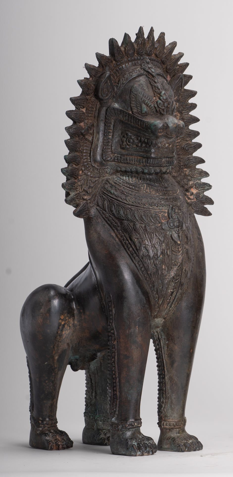 Temple Lion - Antique Thai Style Bronze Standing Singha Temple Guardians or Lions - 41cm/16" (Pair)