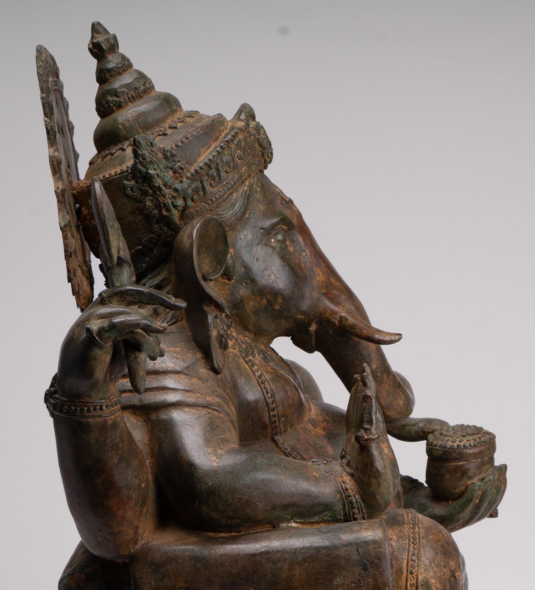 Ganesh - Antique Thai Style Bronze Reclining Ganesha Statue w/Mouse - 55cm/22"