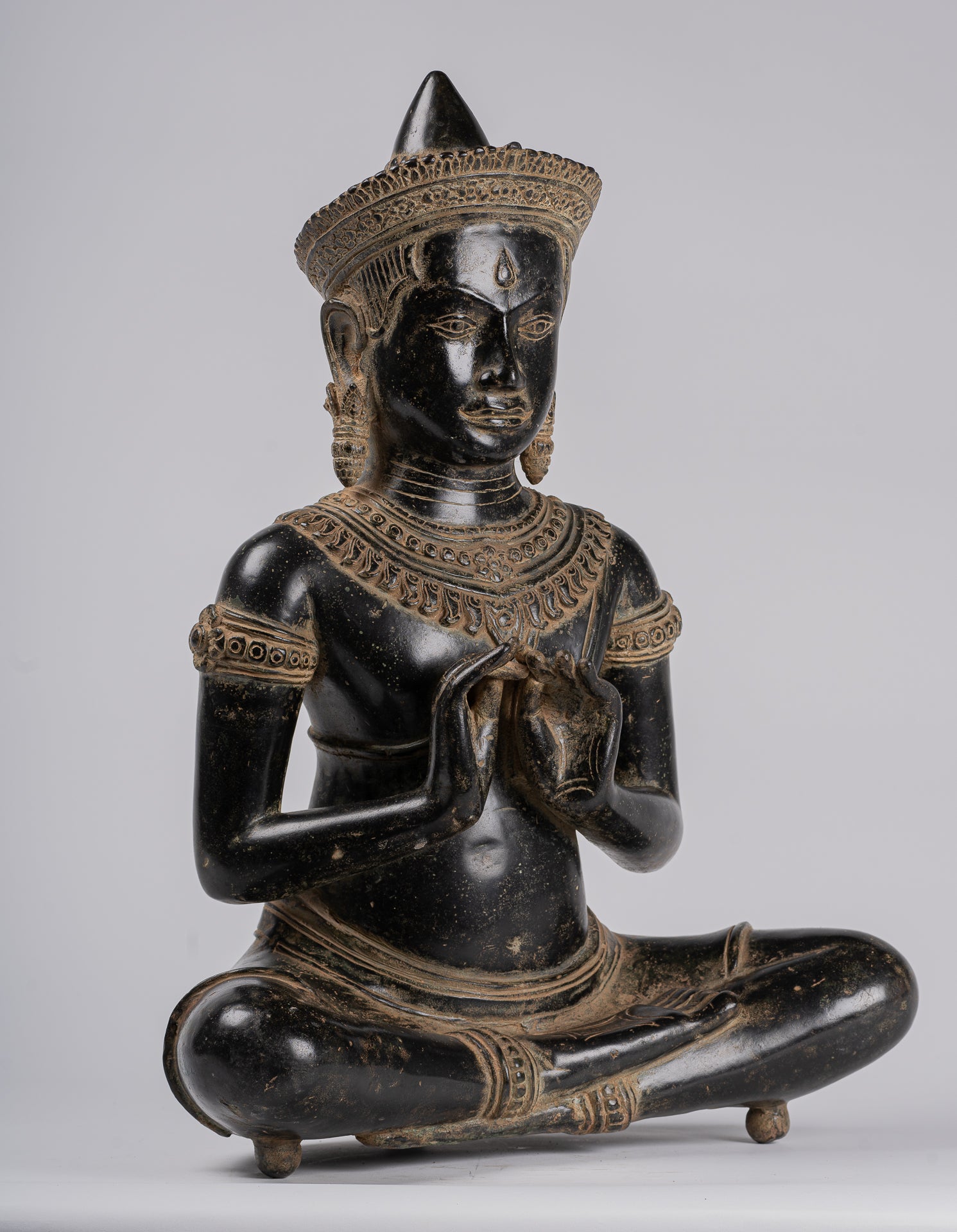 Buddha - Antique Khmer Style Bronze Seated Double Teaching Buddha Statue - 56cm/22"