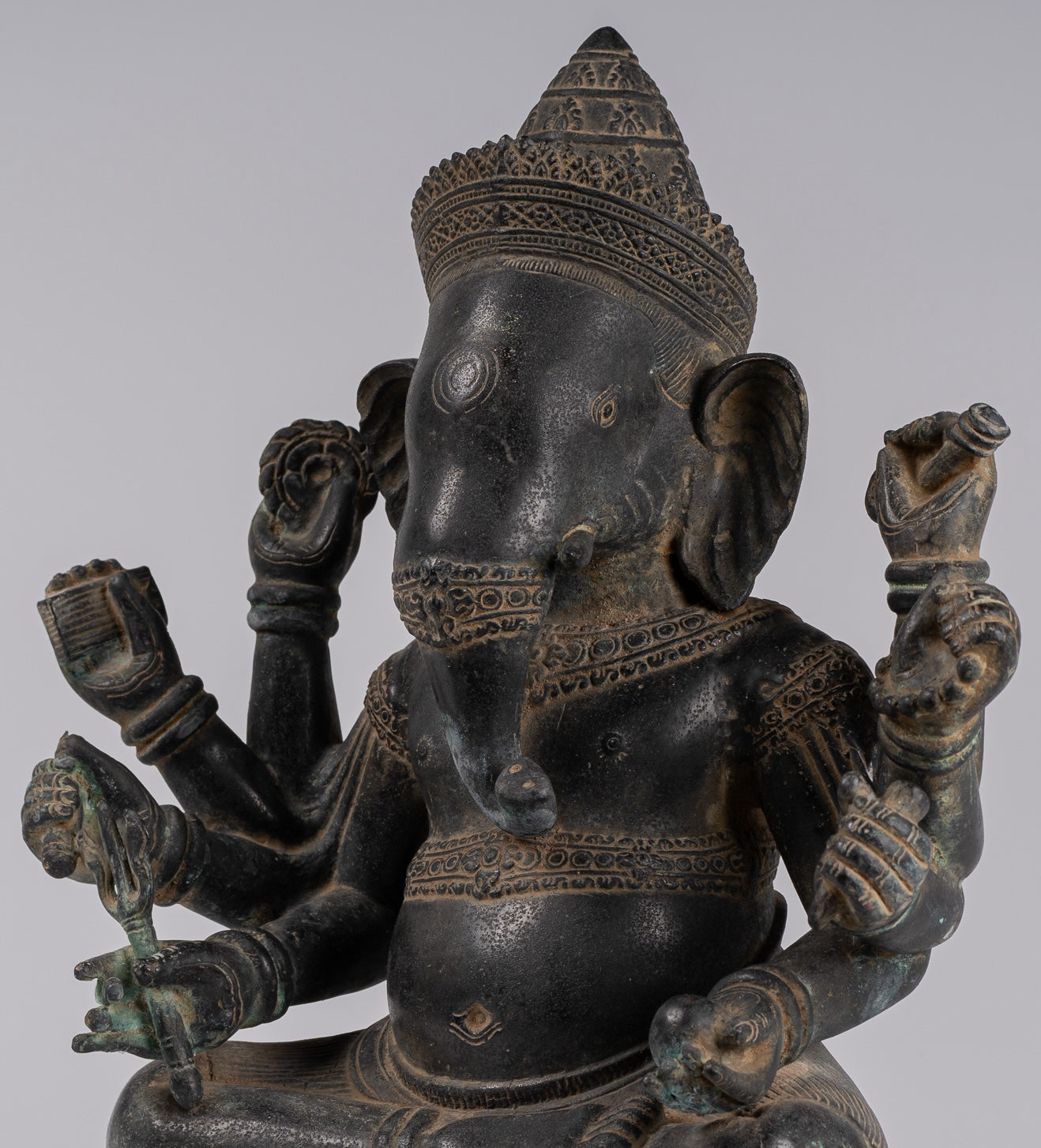 Ganesha Statue - Antique Khmer Style Angkor Wat Bronze Seated Eight Arm Ganesh Statue - 41cm/16"