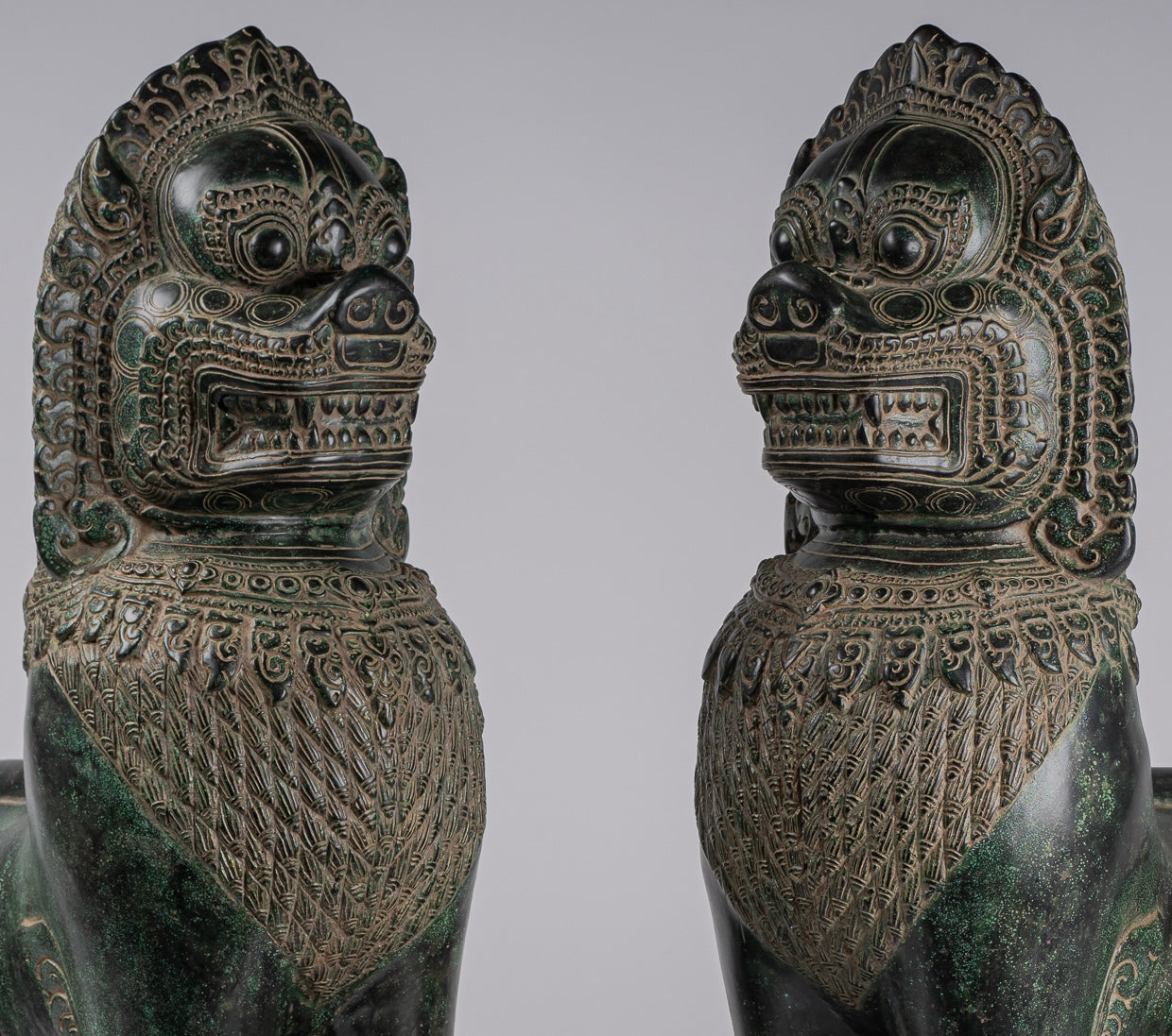 Temple Lions - Antique Khmer Style Bronze Temple Guardians or Lions (Pair) - 72cm/29"