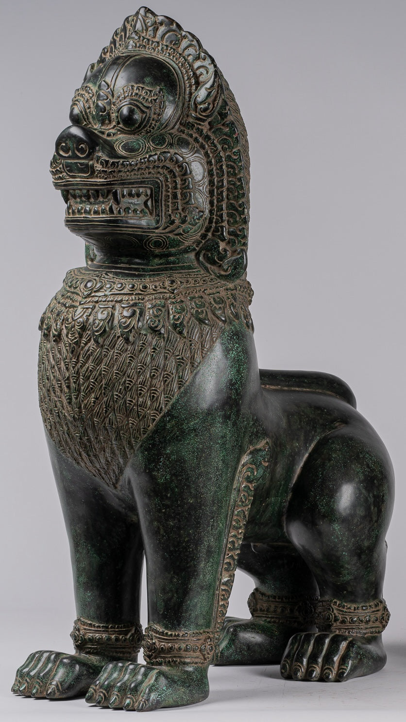 Temple Lions - Antique Khmer Style Bronze Temple Guardians or Lions (Pair) - 72cm/29"