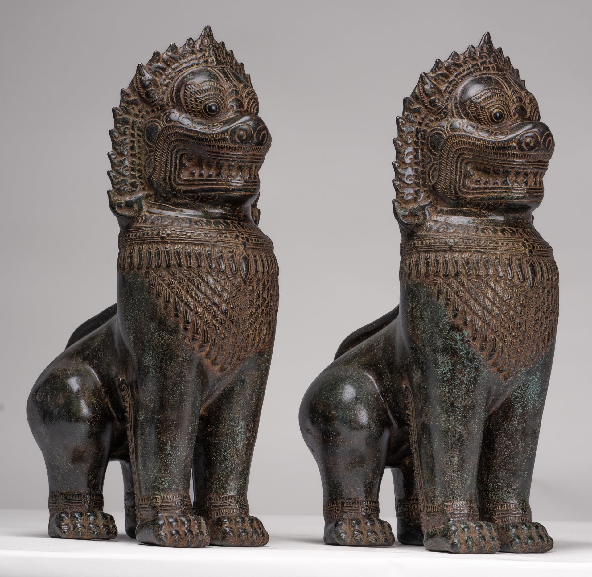 Temple Lions - Antique Khmer Style Bronze Standing Temple Guardians or Lions - 39cm/16"