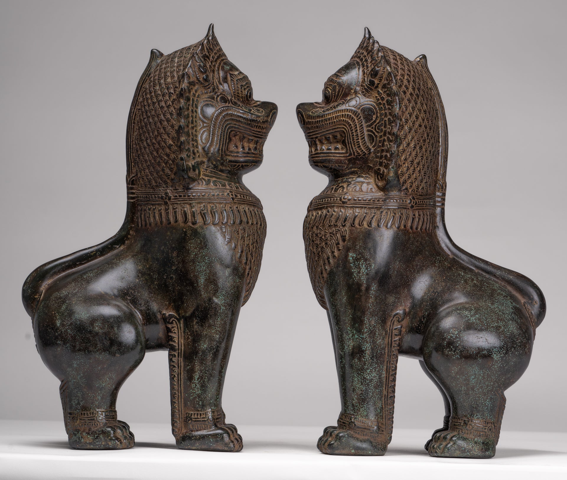 Temple Lions - Antique Khmer Style Bronze Standing Temple Guardians or Lions - 39cm/16"