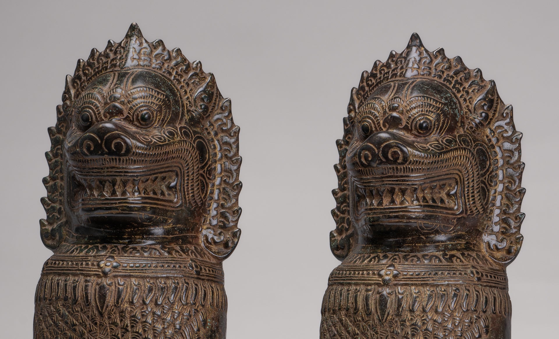 Temple Lions - Antique Khmer Style Bronze Standing Temple Guardians or Lions - 39cm/16"