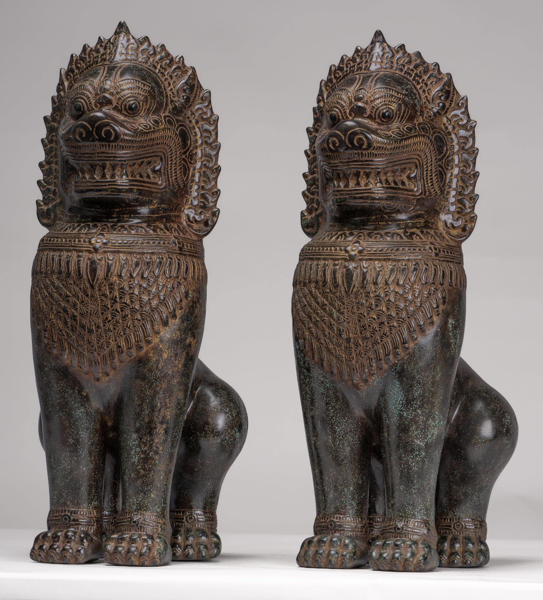 Temple Lions - Antique Khmer Style Bronze Standing Temple Guardians or Lions - 39cm/16"