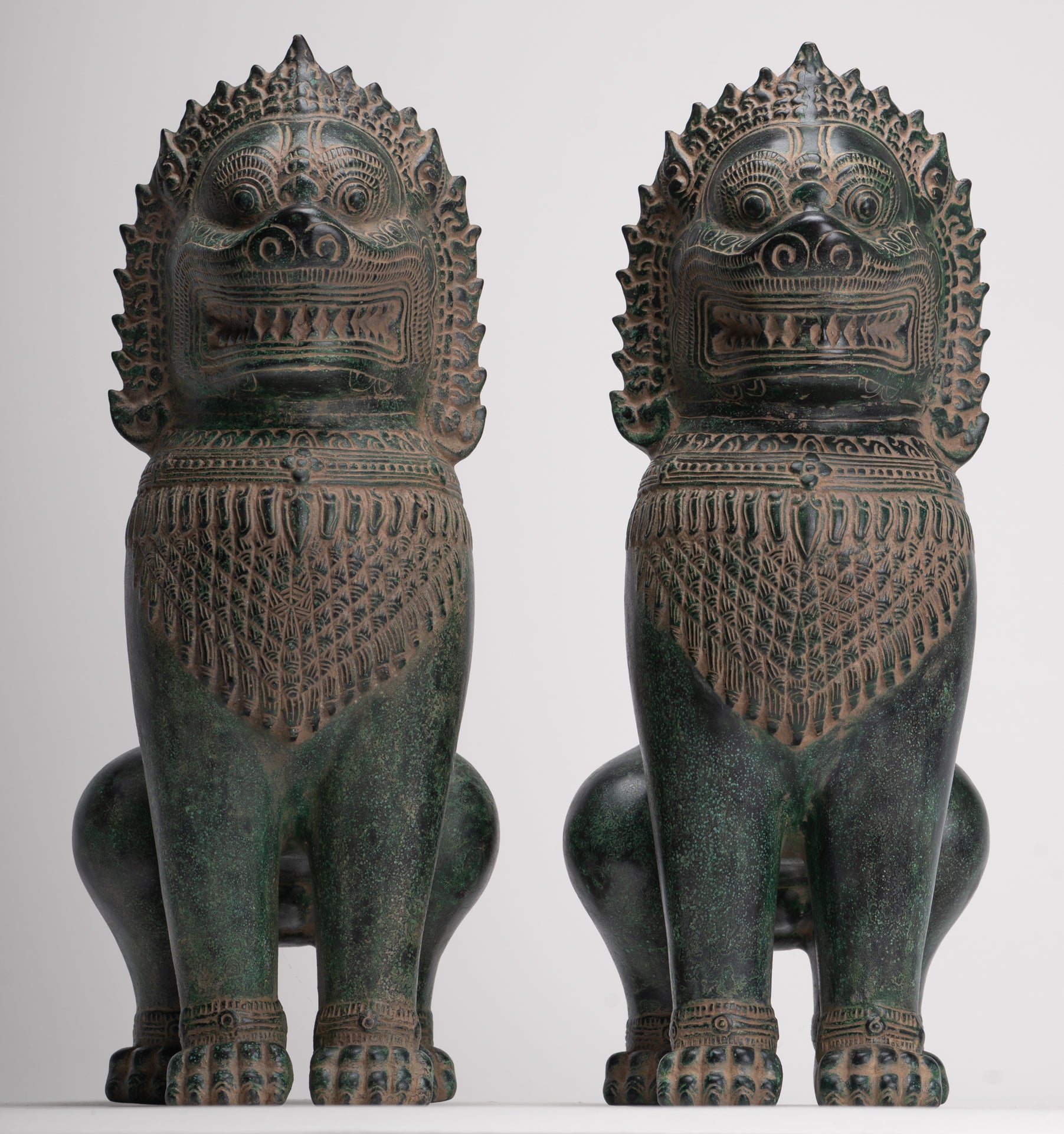 Temple Lions - Antique Khmer Style Bronze Standing Temple Guardians or Lions - 39cm/16"