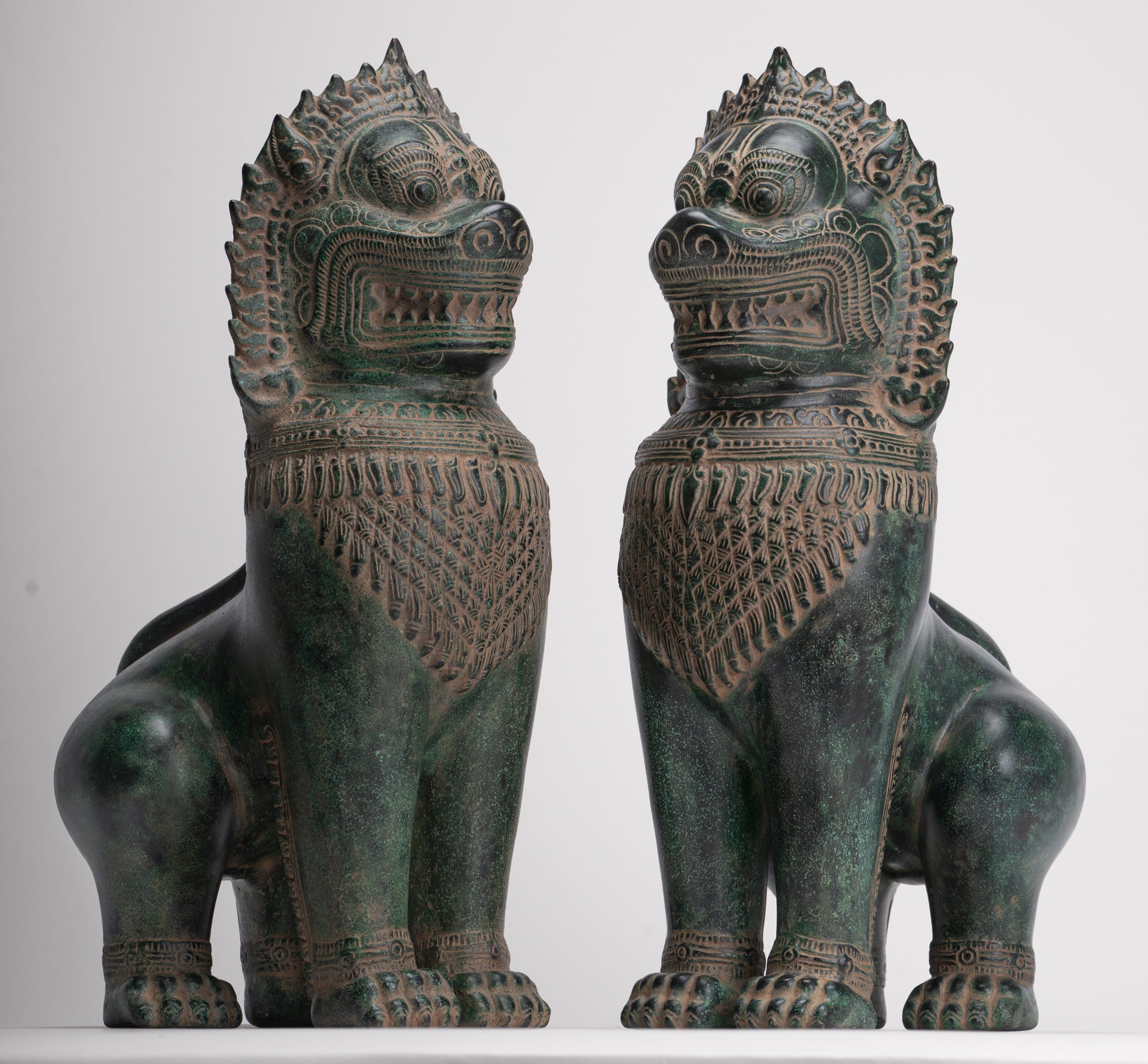 Temple Lions - Antique Khmer Style Bronze Standing Temple Guardians or Lions - 39cm/16"