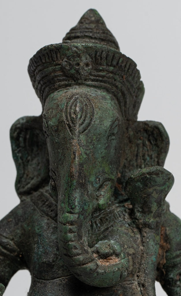 Ganesha Statue - Antique Thai Style Bronze Seated Ganesha Statue - 15cm/6"