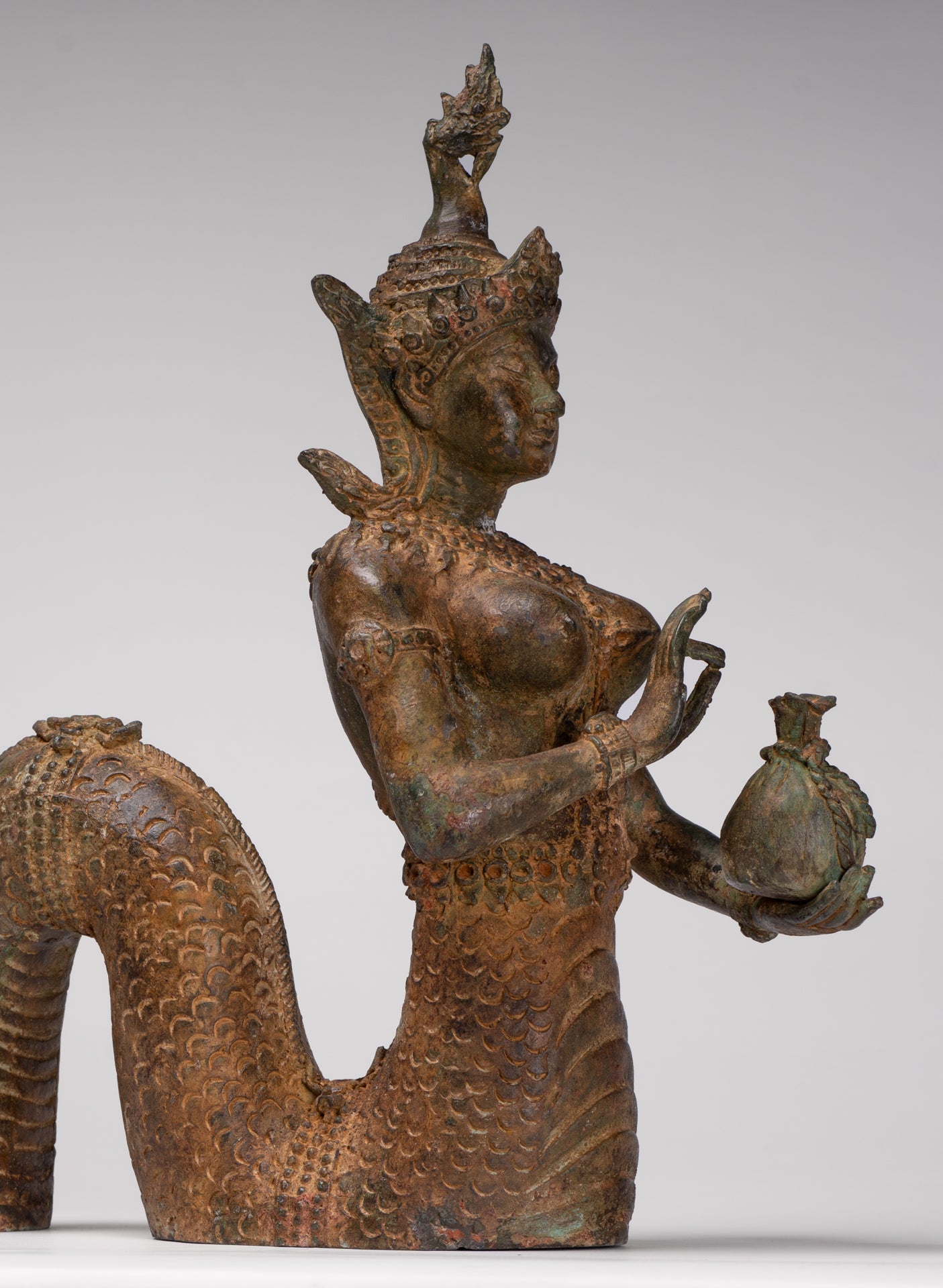 Naga Statue - Antique Thai Style Bronze Female Deity with Naga Tail Statue - 41cm/16"