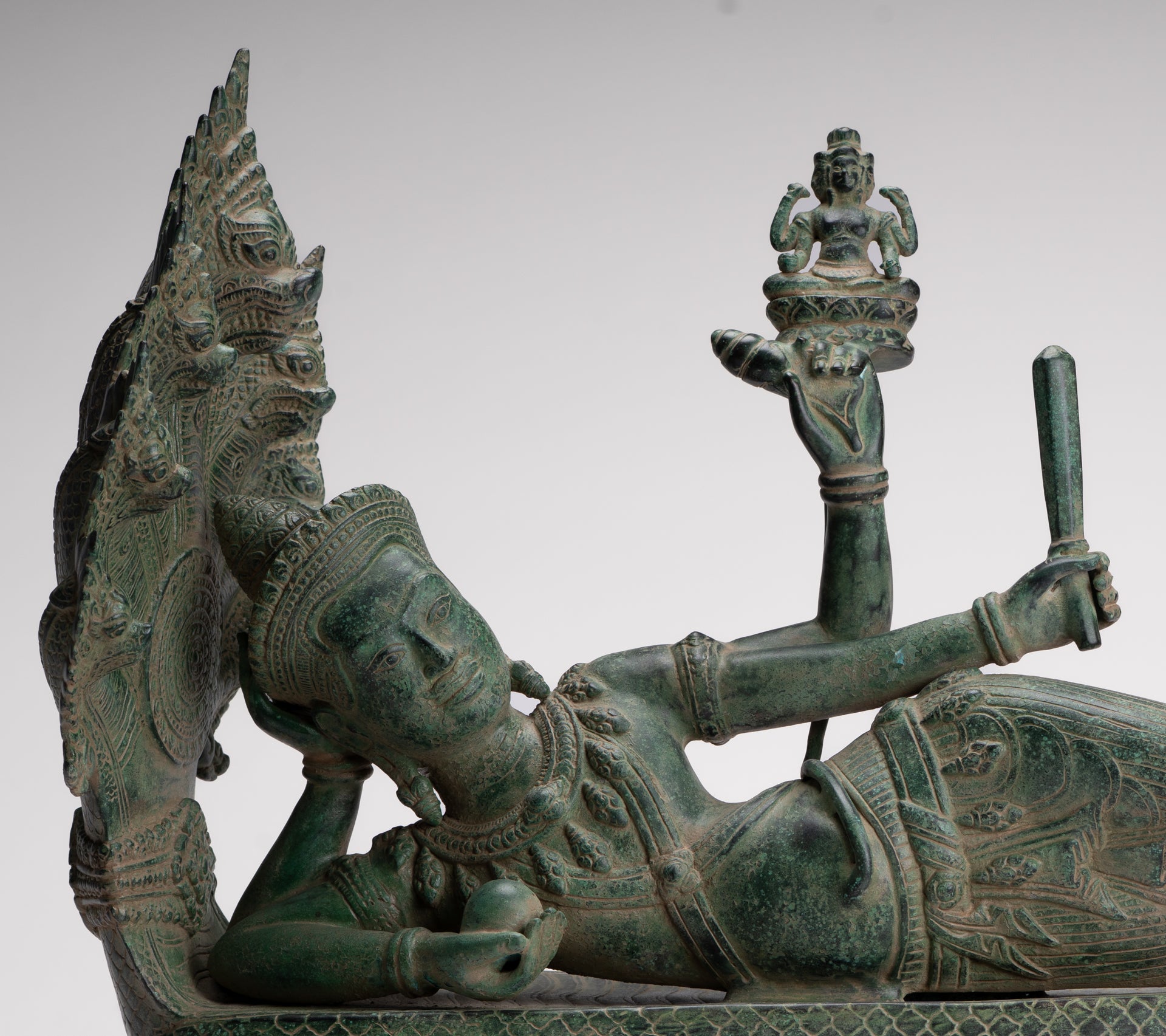 Antique Khmer Style Angkor Wat Bronze Reclining Vishnu Statue - 52cm/21" Long