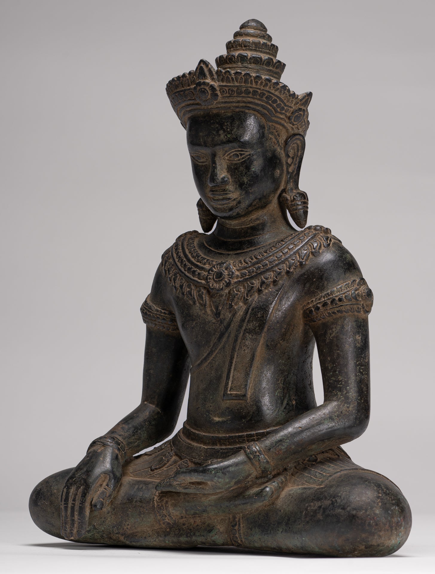 Buddha Statue - Antique Khmer Style Bronze Enlightenment Bayon Buddha Statue - 37cm/15"