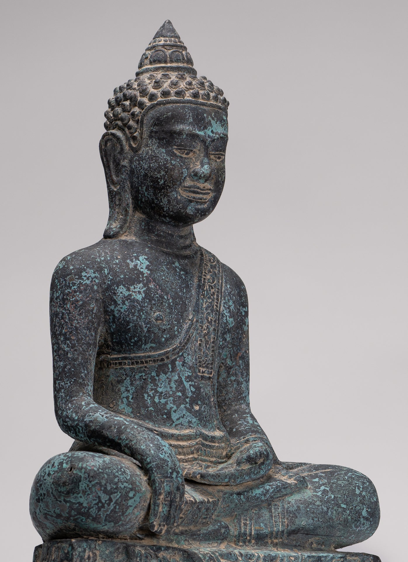 Buddha Statue - Antique Khmer Style Bronze Enthroned Enlightenment Buddha Statue - 48cm/19"