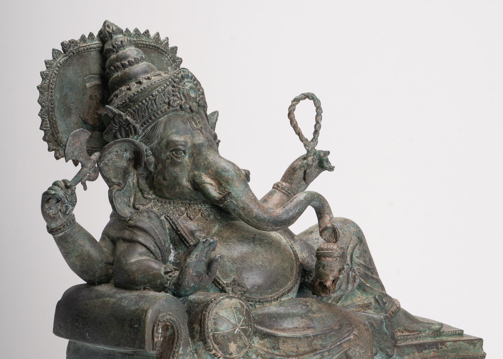 Ganesh - Antique Thai Style Bronze Reclining Ganesha Statue w/Mouse - 41cm/16"
