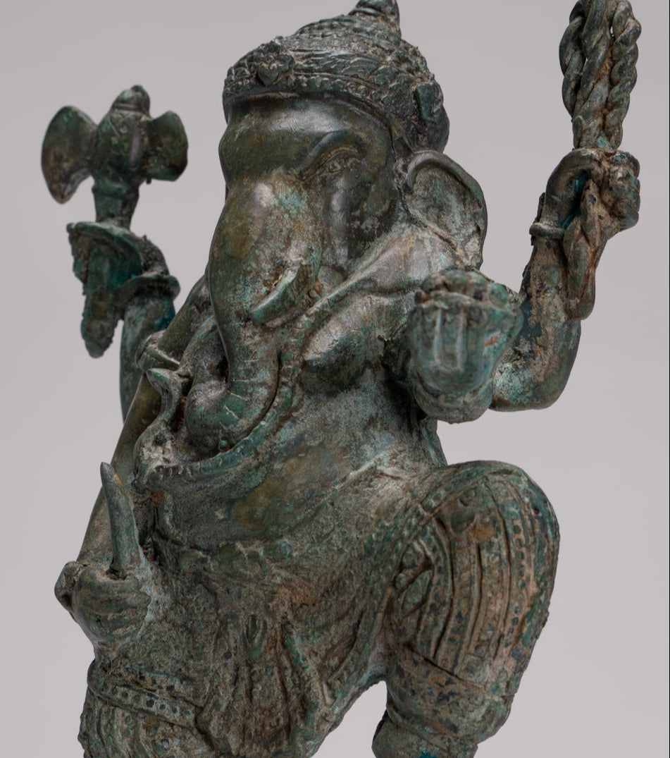 Ganesh - Antique Thai Style Bronze Dancing Ganesha Statue w/Mouse - 28cm/11"