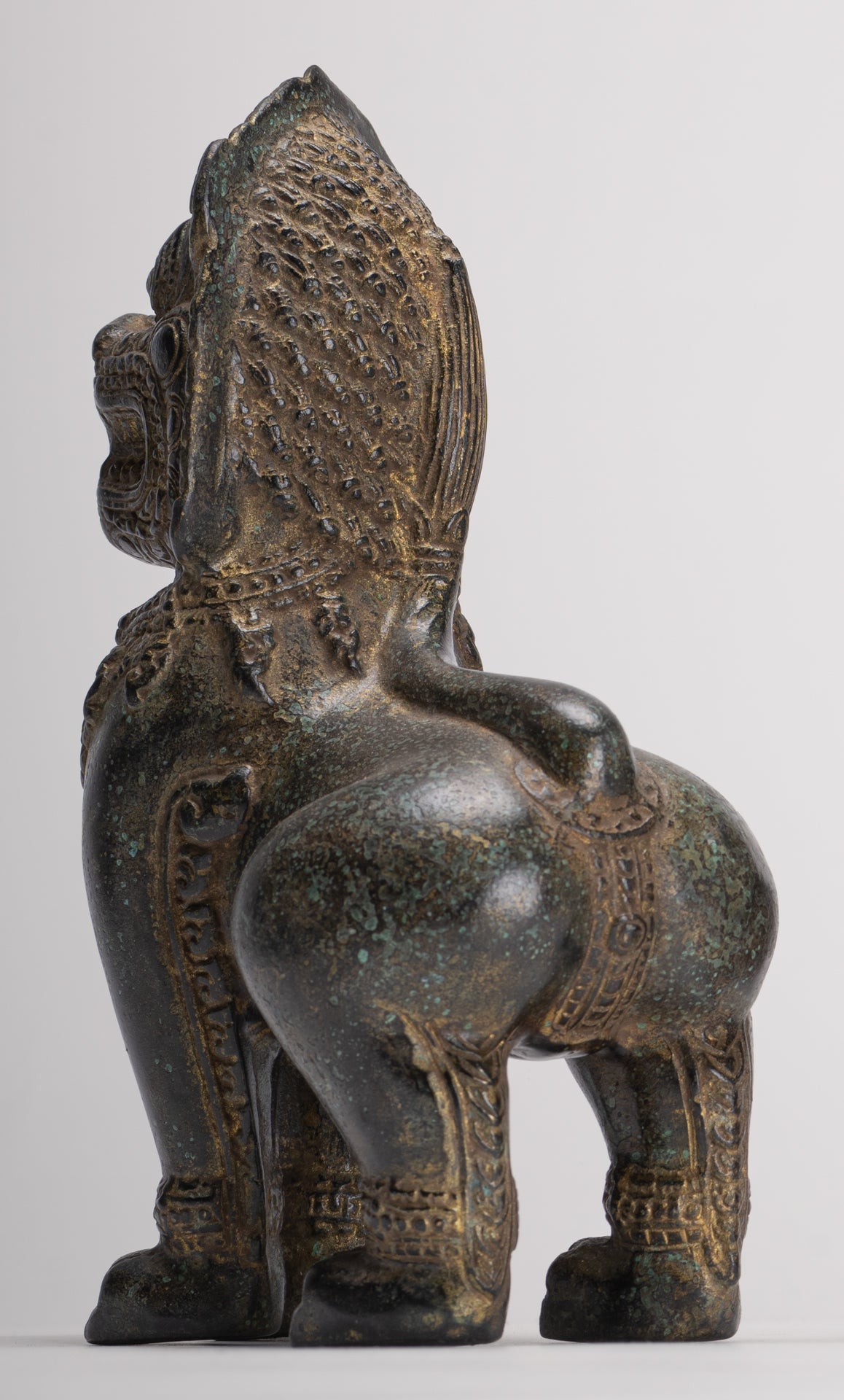 Temple Lions - Antique Khmer Style Bronze Standing Temple Guardian or Lions (Pair) - 22cm/9"