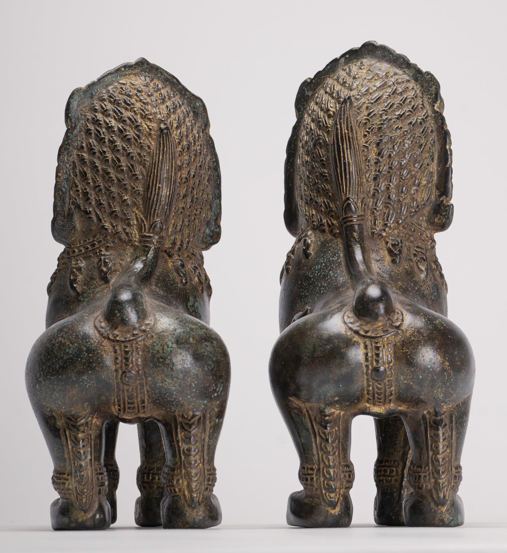Temple Lions - Antique Khmer Style Bronze Standing Temple Guardian or Lions (Pair) - 22cm/9"