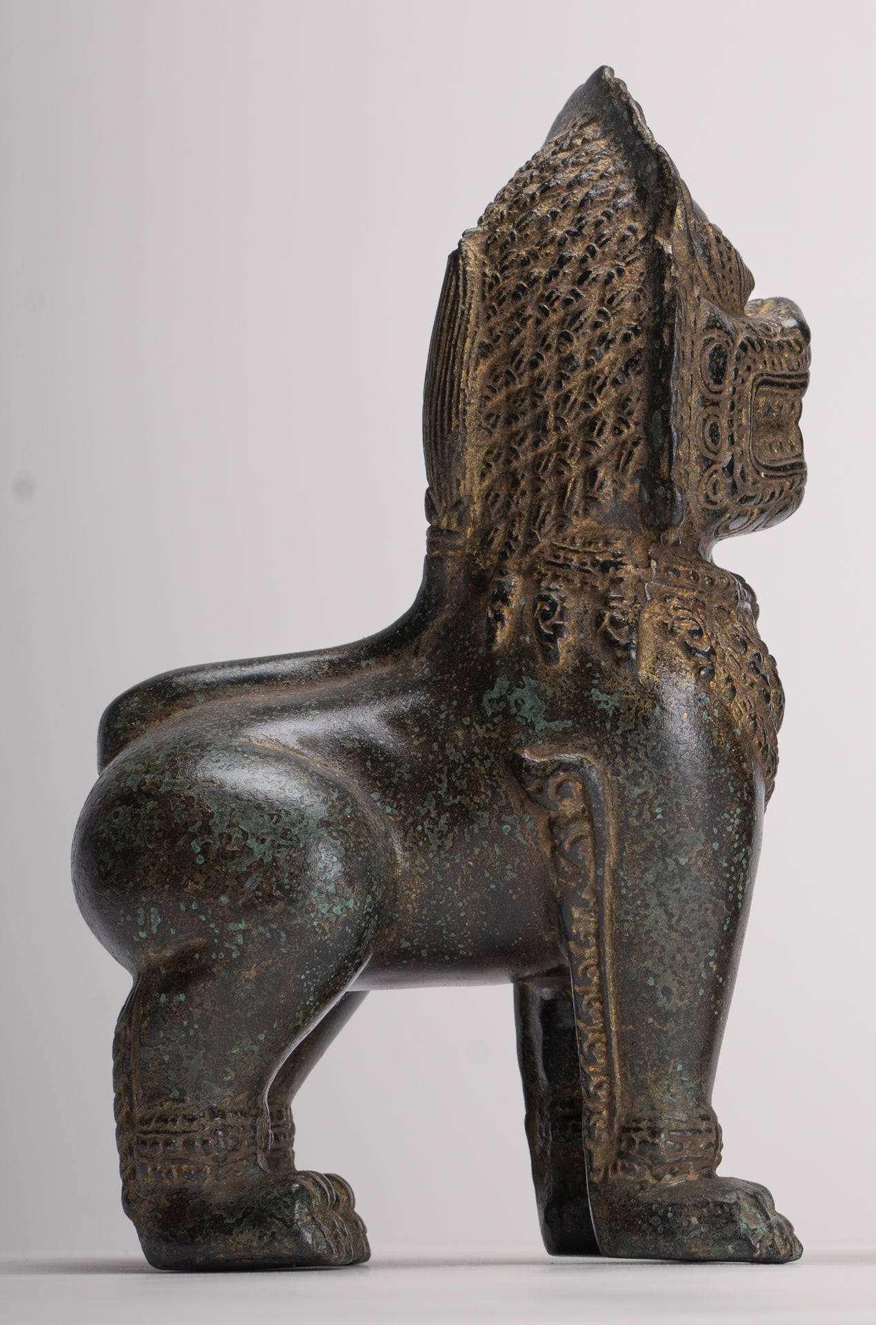 Temple Lions - Antique Khmer Style Bronze Standing Temple Guardian or Lions (Pair) - 22cm/9"