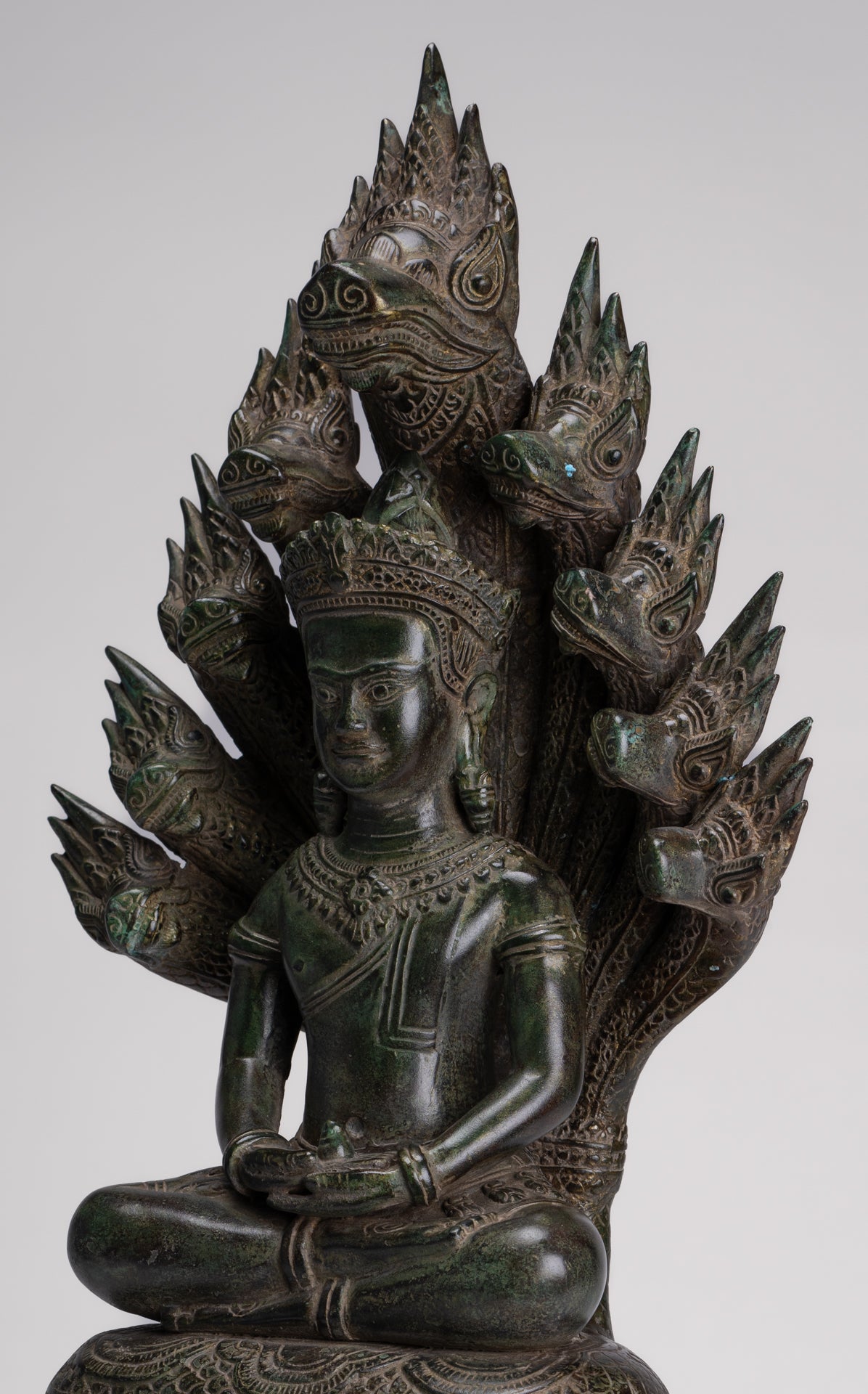Large Buddha Statue - Antique Bayon Style Khmer Seated Bronze Naga Meditation Buddha - 53cm/21"