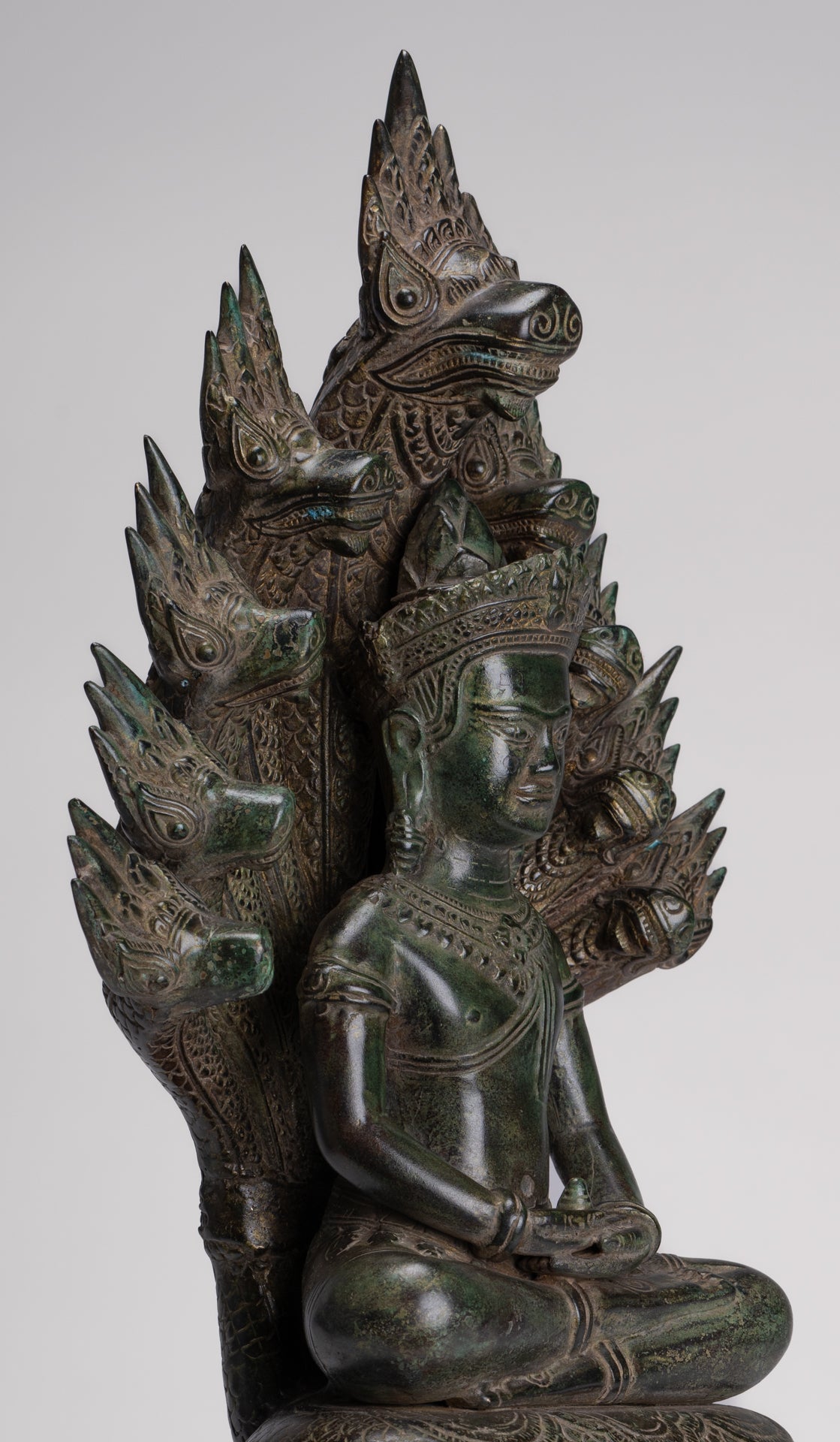 Large Buddha Statue - Antique Bayon Style Khmer Seated Bronze Naga Meditation Buddha - 53cm/21"