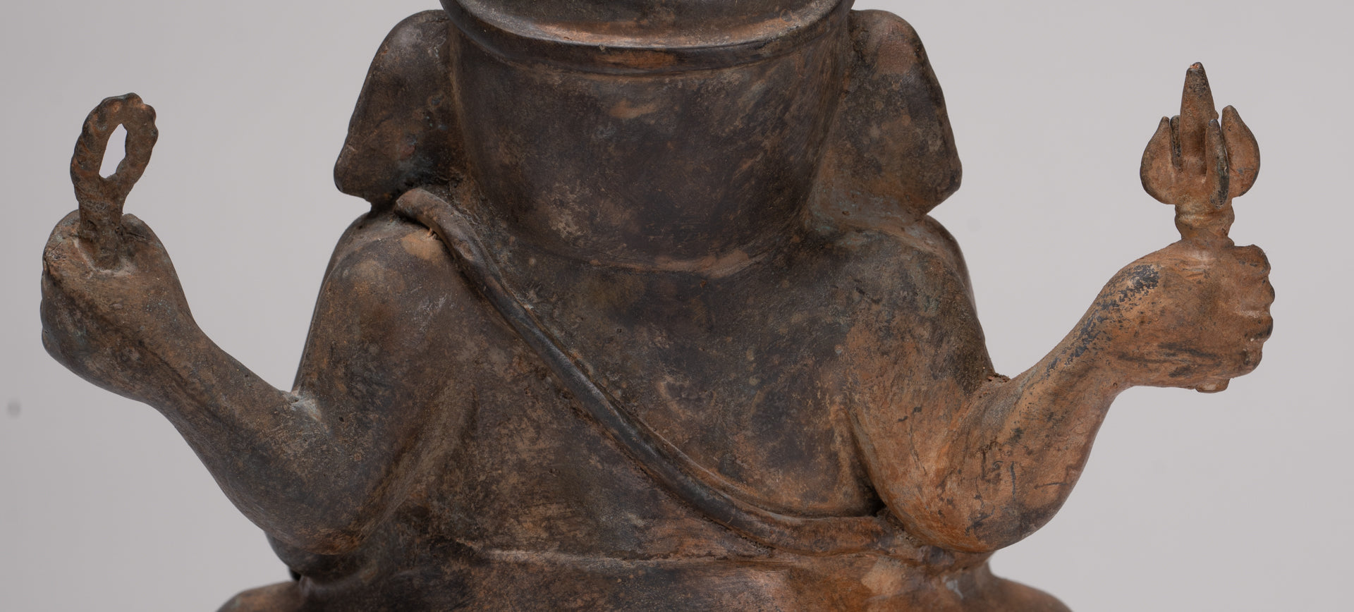 Ganesha Statue - Antique Thai Style Bronze Seated 4-Arm Ganesha Statue - 16cm/6"