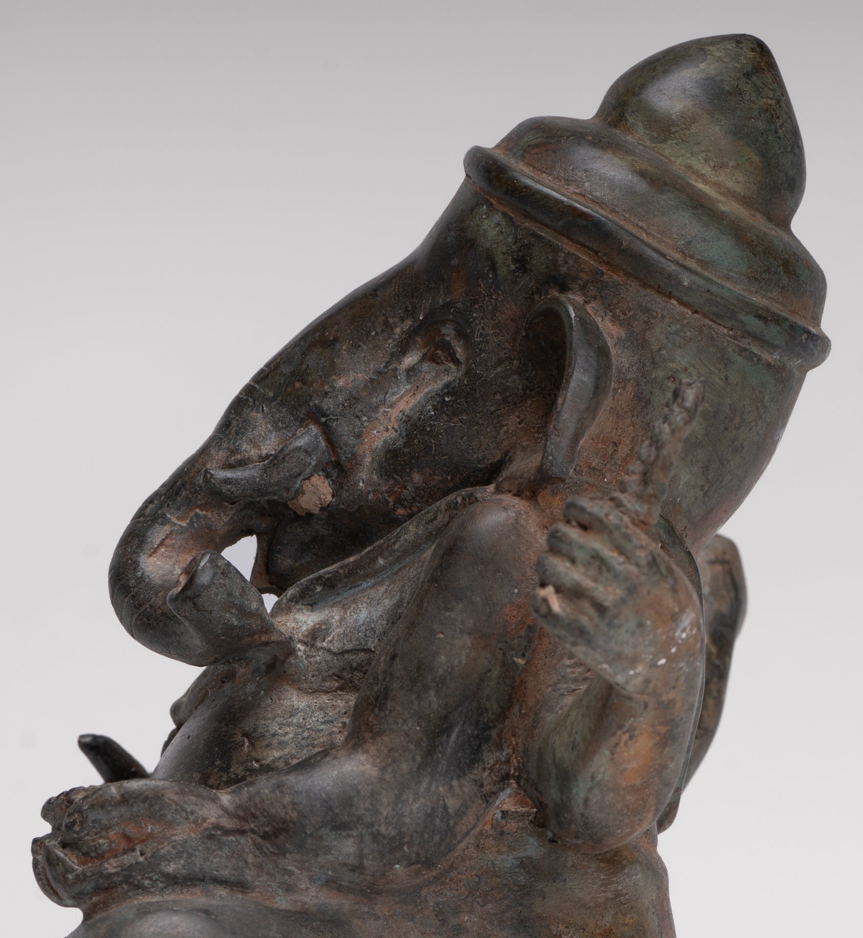 Ganesha Statue - Antique Thai Style Bronze Seated 4-Arm Ganesha Statue - 18cm/7"