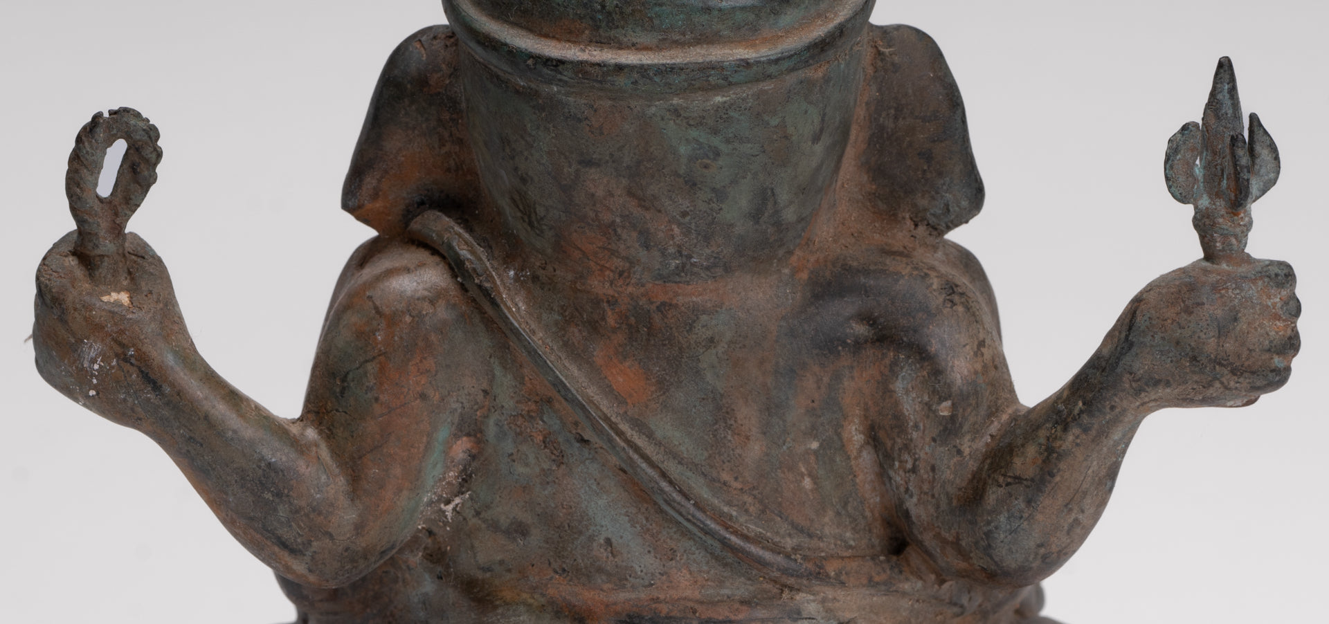 Ganesha Statue - Antique Thai Style Bronze Seated 4-Arm Ganesha Statue - 18cm/7"