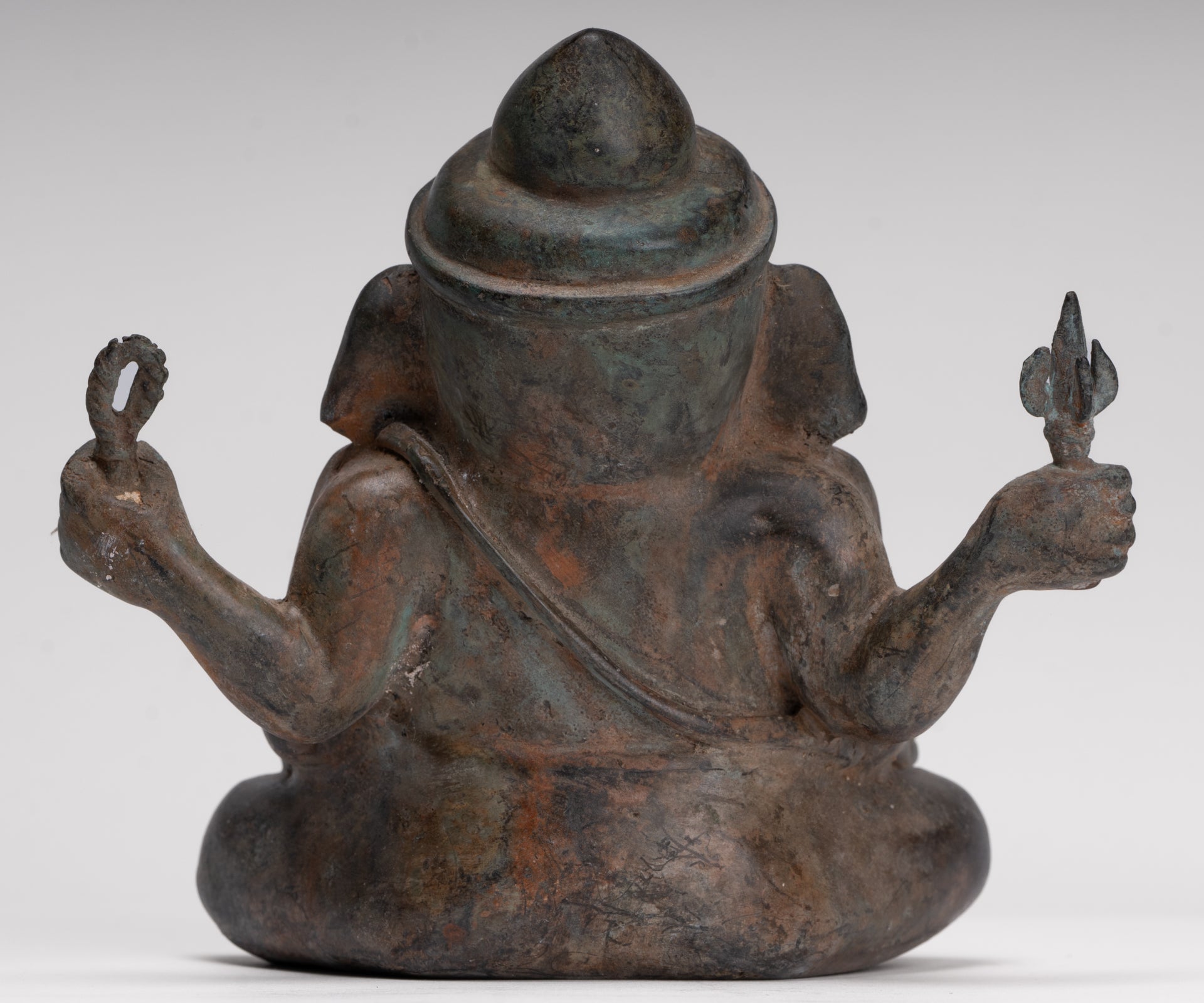 Ganesha Statue - Antique Thai Style Bronze Seated 4-Arm Ganesha Statue - 18cm/7"