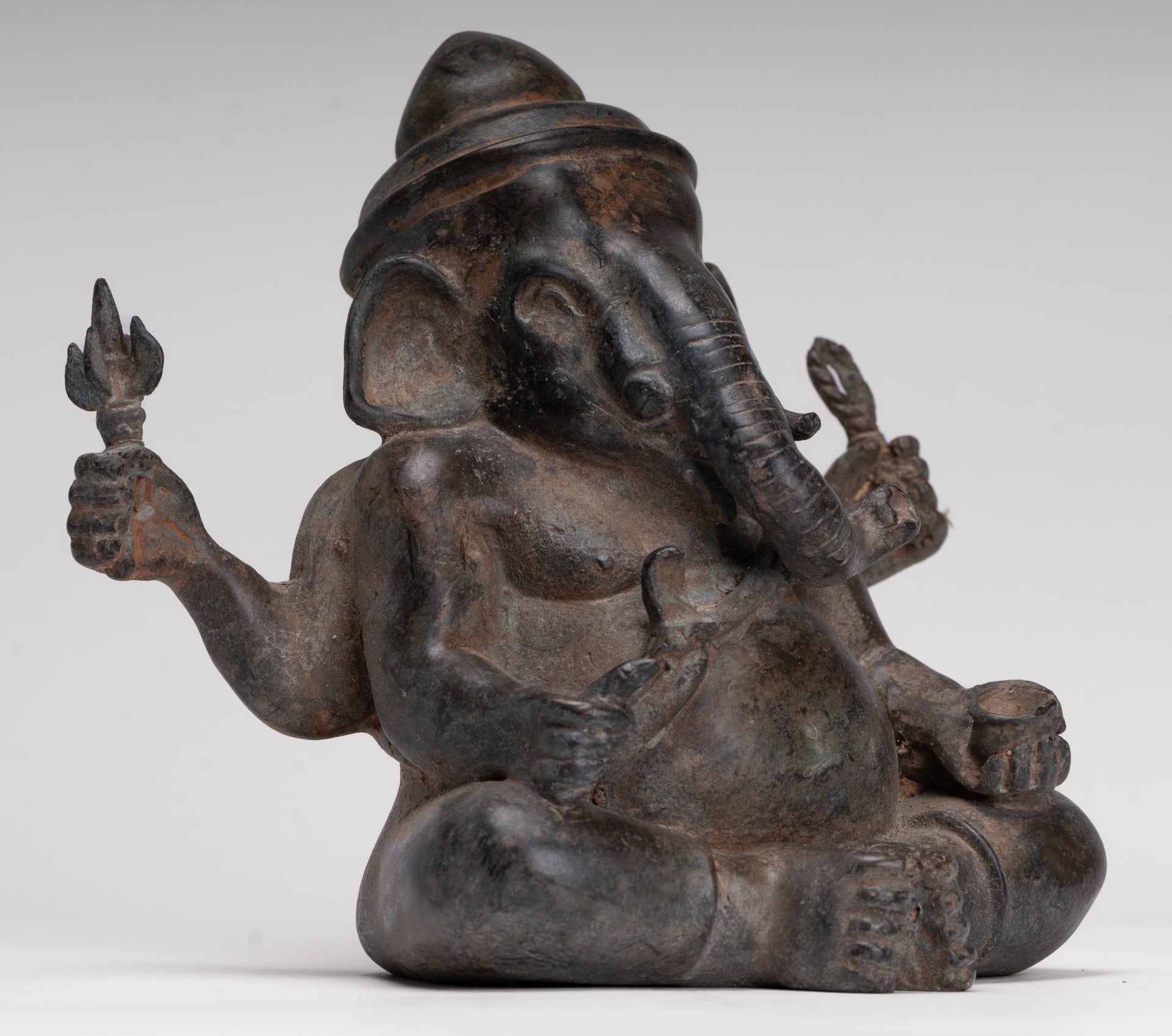 Ganesha Statue - Antique Thai Style Bronze Seated 4-Arm Ganesha Statue - 18cm/7"