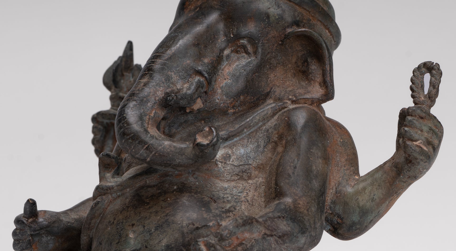 Ganesha Statue - Antique Thai Style Bronze Seated 4-Arm Ganesha Statue - 18cm/7"