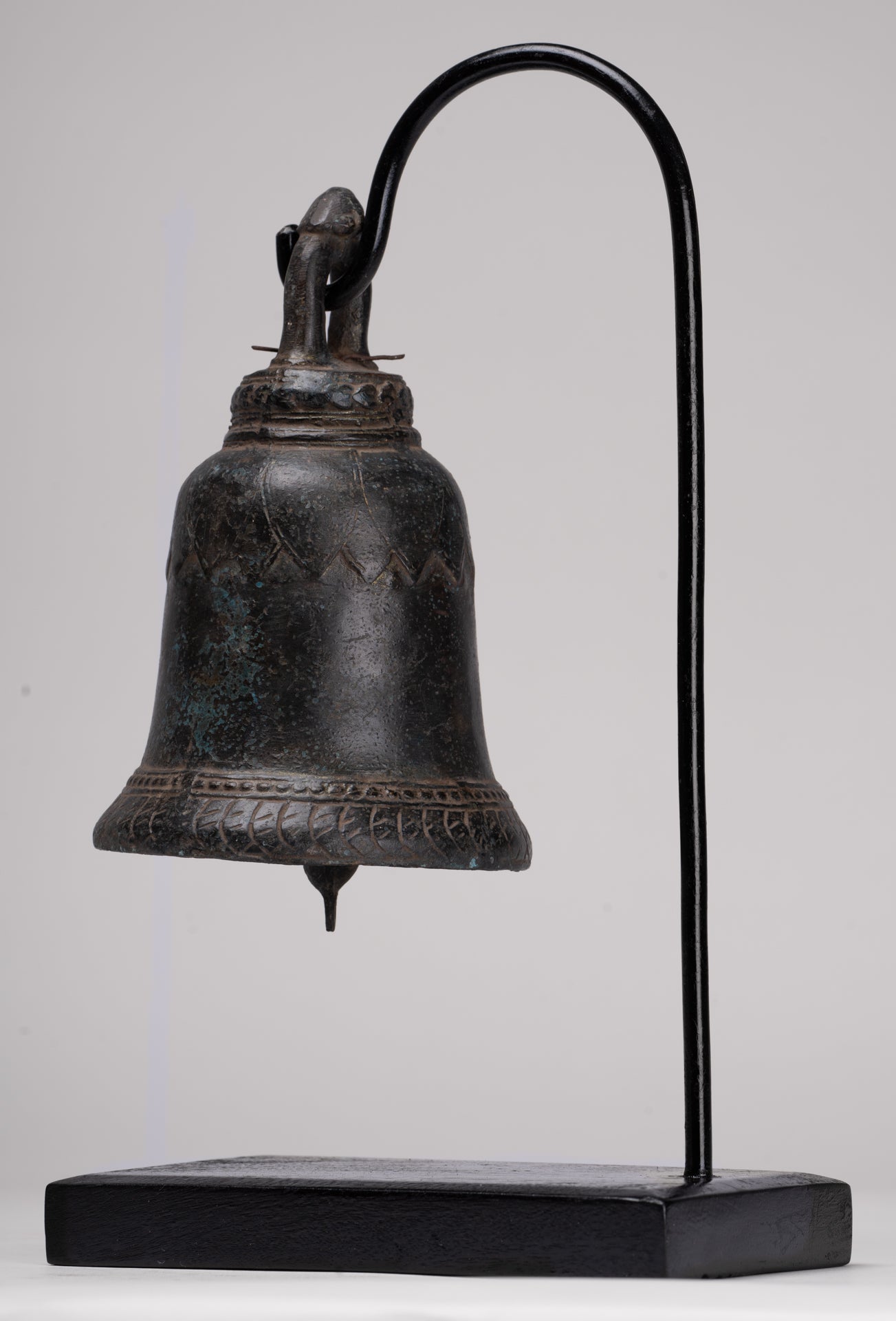 Antique Khmer Style Bronze Mounted Lotus Flower Bell - 29cm/12"