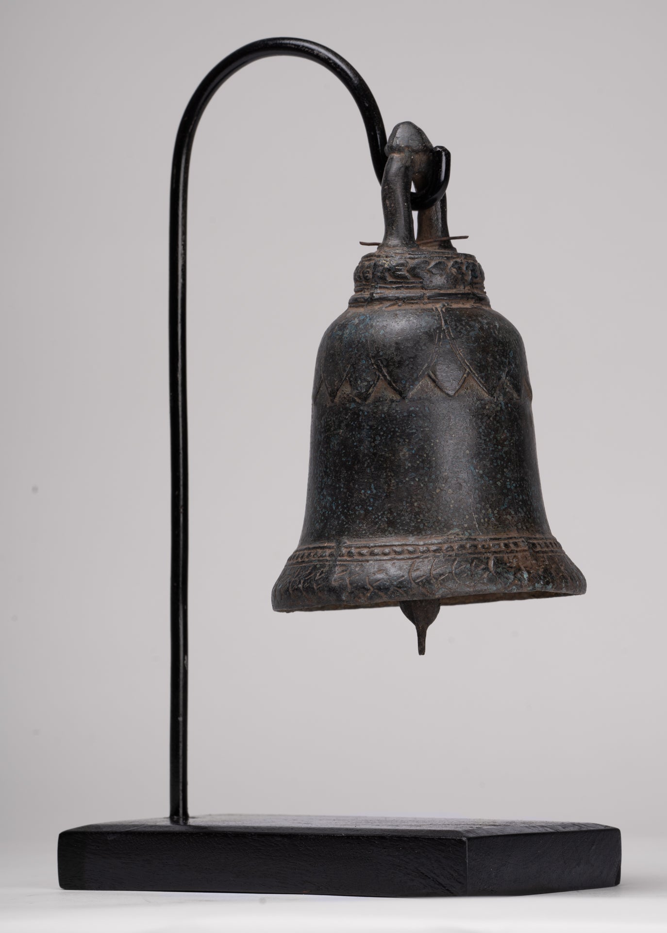 Antique Khmer Style Bronze Mounted Lotus Flower Bell - 29cm/12"