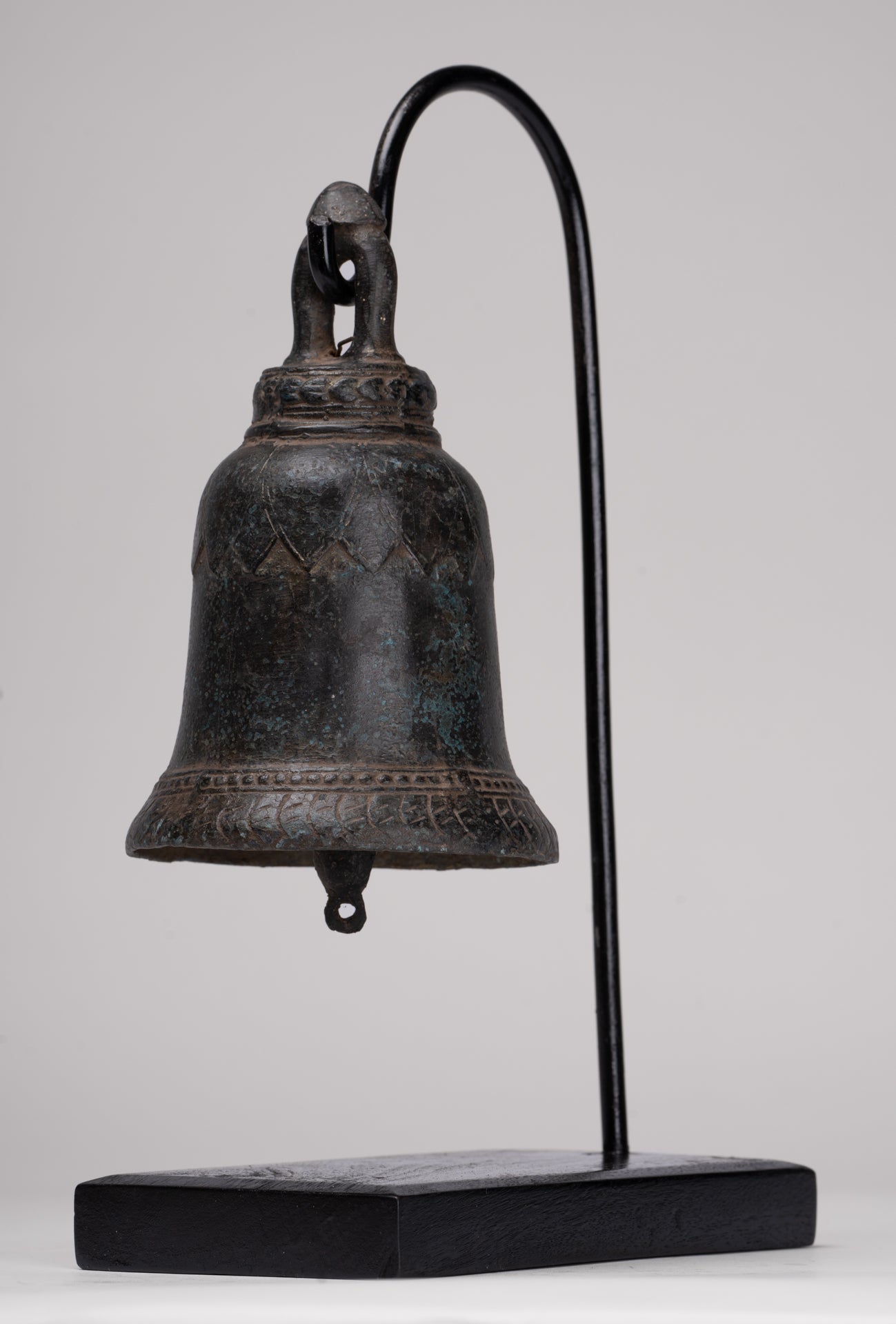 Antique Khmer Style Bronze Mounted Lotus Flower Bell - 29cm/12"