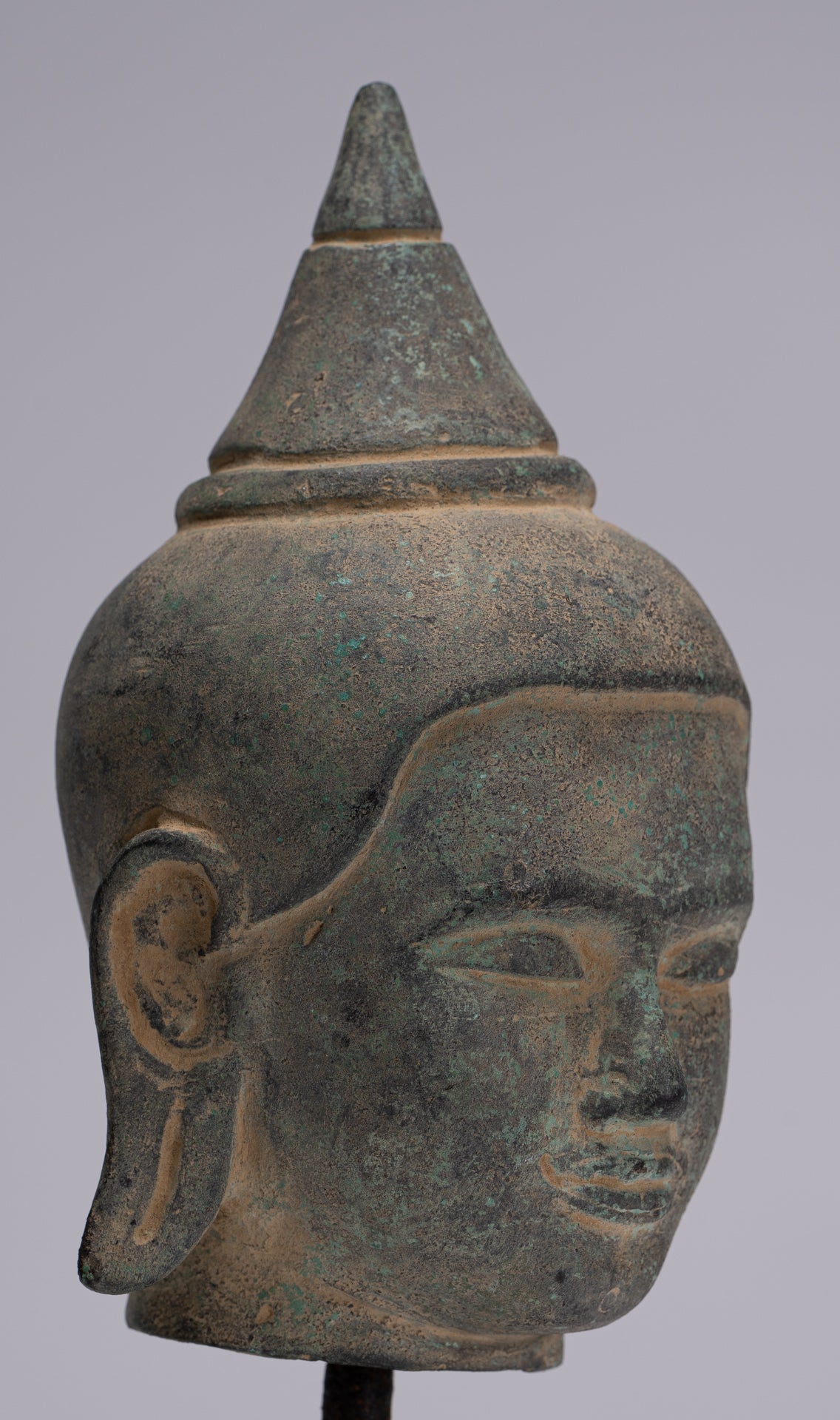 Buddha Statue - Antique Khmer Style Mounted Bronze Phnom Da Buddha Head Statue - 22cm/9"