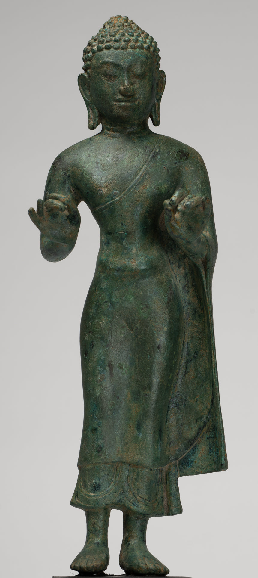 Buddha Statue - Antique Thai Style Standing Bronze Mon Dvaravati Teaching Buddha Statue - 35cm/14"