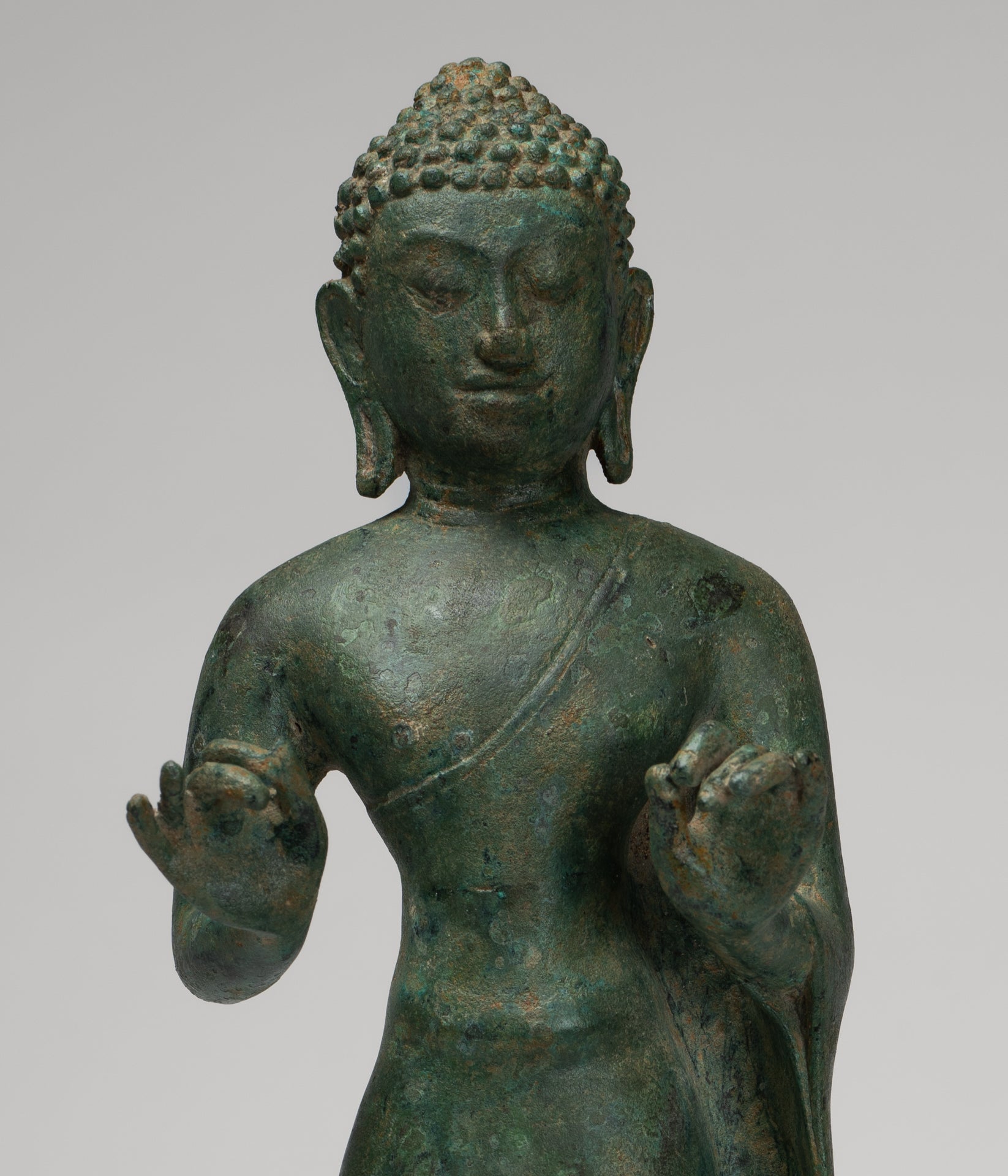 Buddha Statue - Antique Thai Style Standing Bronze Mon Dvaravati Teaching Buddha Statue - 35cm/14"