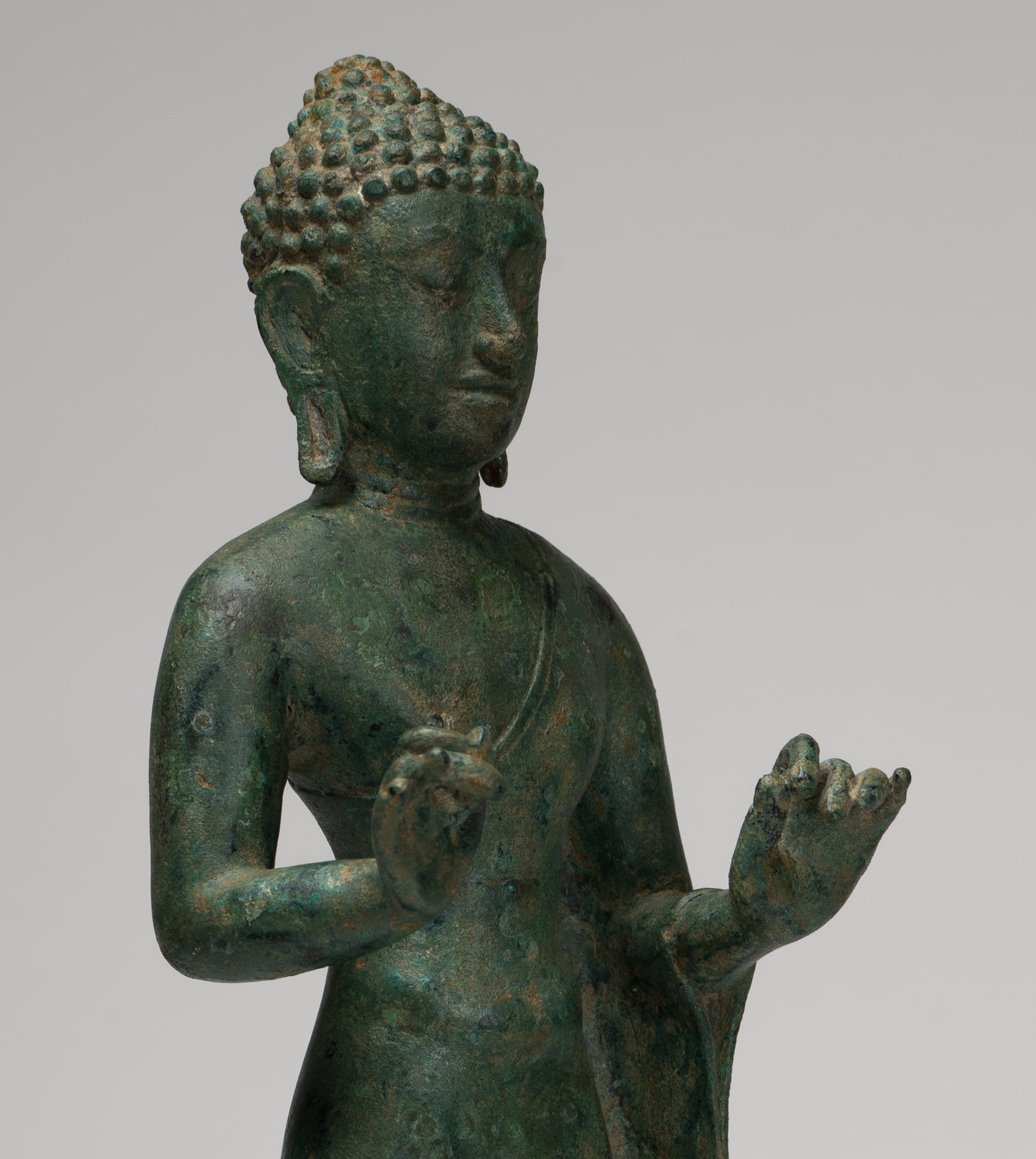 Buddha Statue - Antique Thai Style Standing Bronze Mon Dvaravati Teaching Buddha Statue - 35cm/14"