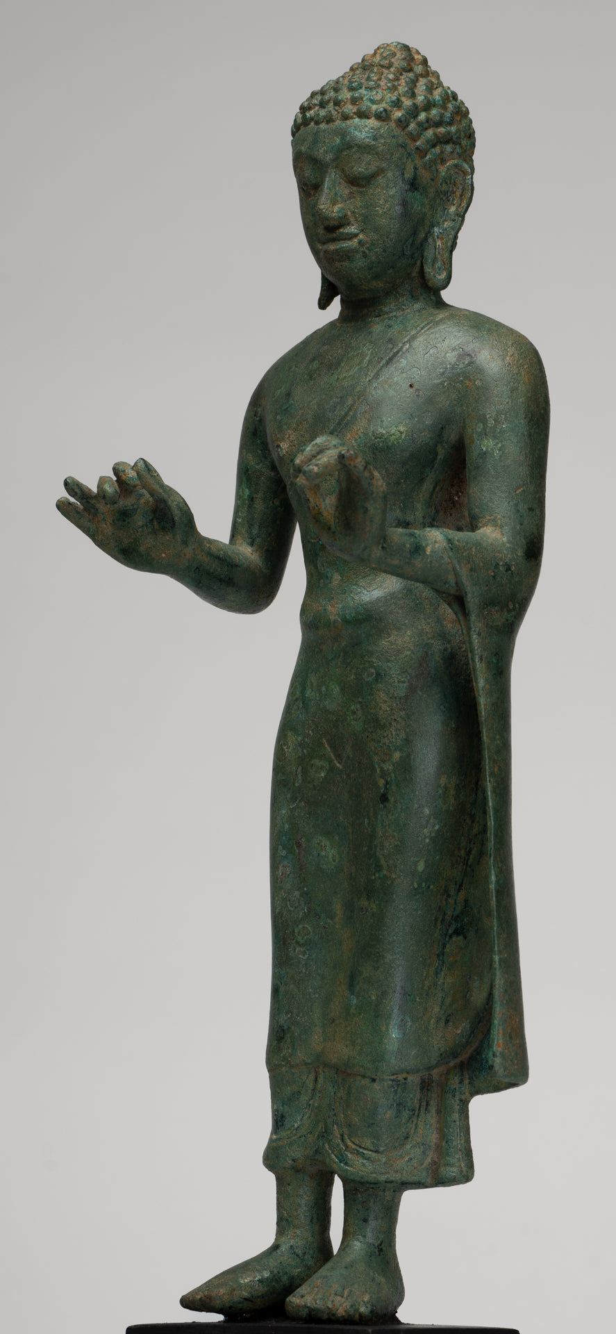 Buddha Statue - Antique Thai Style Standing Bronze Mon Dvaravati Teaching Buddha Statue - 35cm/14"