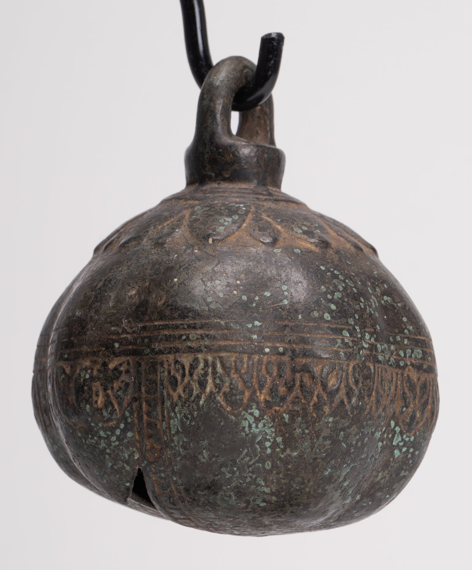 Antique Khmer Style Bronze Mounted Lotus Flower Bell - 32cm/13"