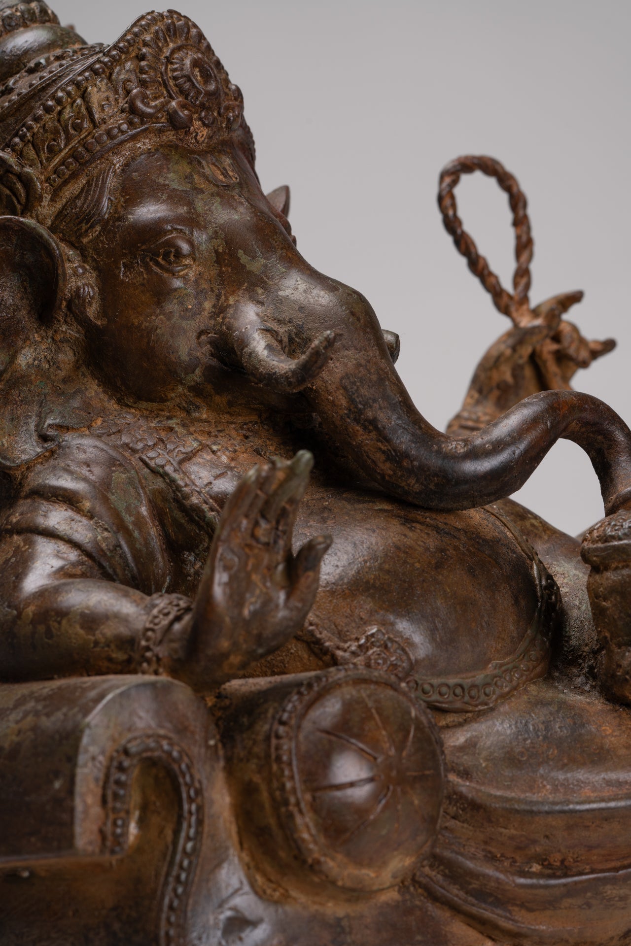 Ganesh - Antique Thai Style Bronze Reclining Ganesha Statue w/Mouse - 41cm/16"