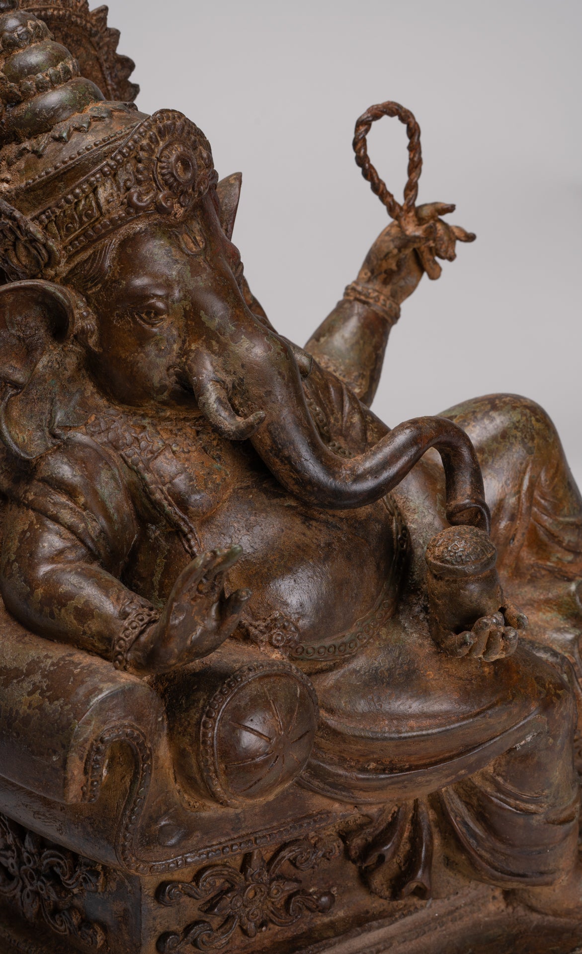 Ganesh - Antique Thai Style Bronze Reclining Ganesha Statue w/Mouse - 41cm/16"